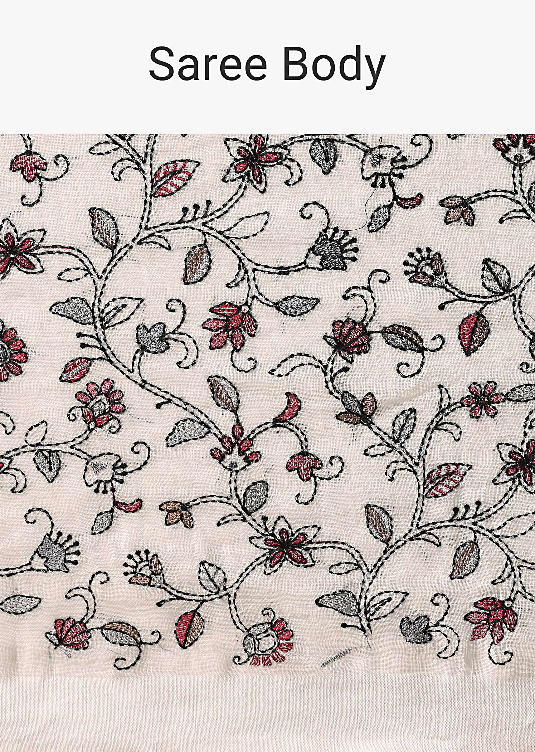 White Cotton Linen Floral Thread Embroidered Saree With Unstitched Blouse Piece - Image 9