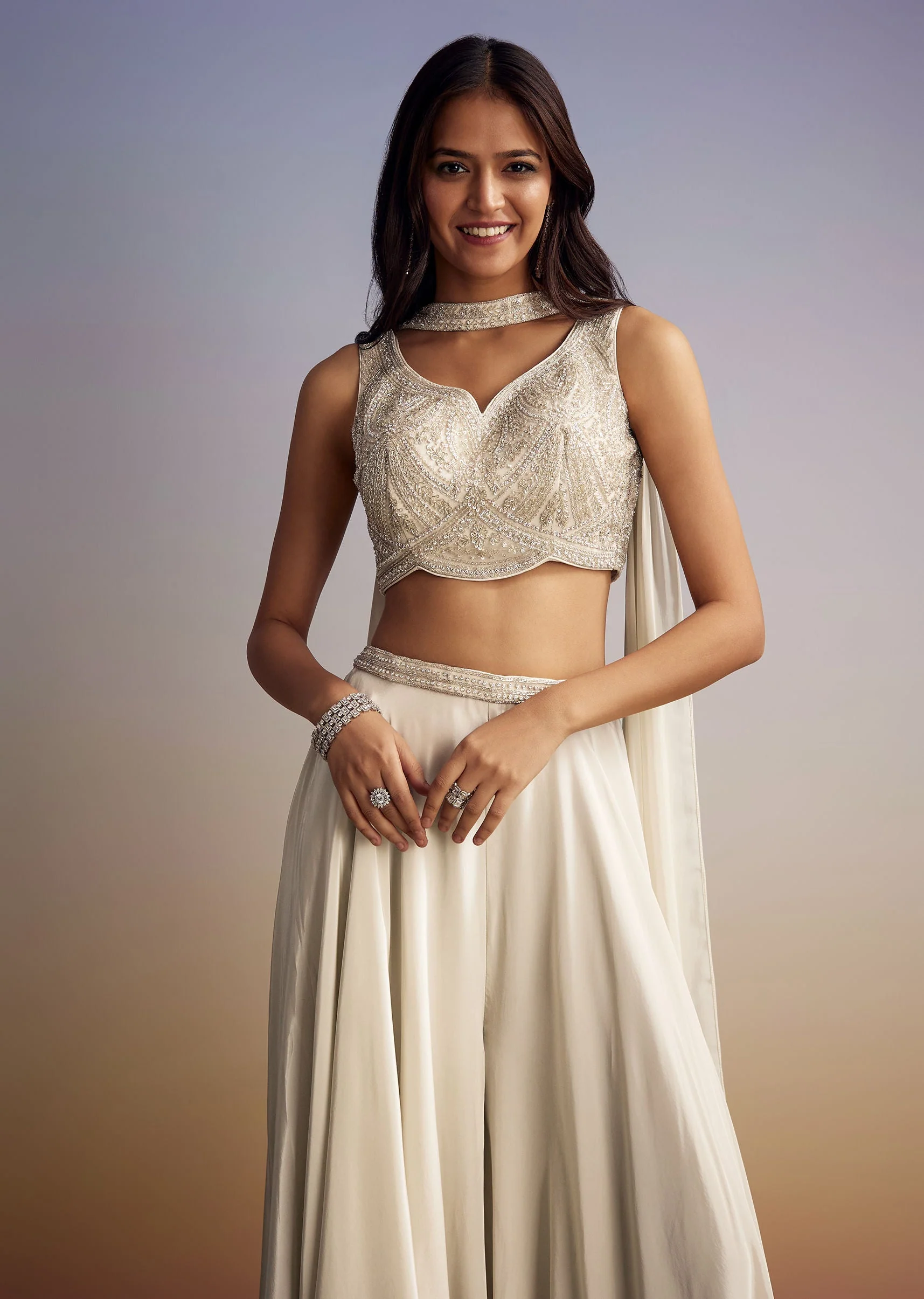 White Crepe Crop Top Set With Sequins Work And Dupatta - Image 4
