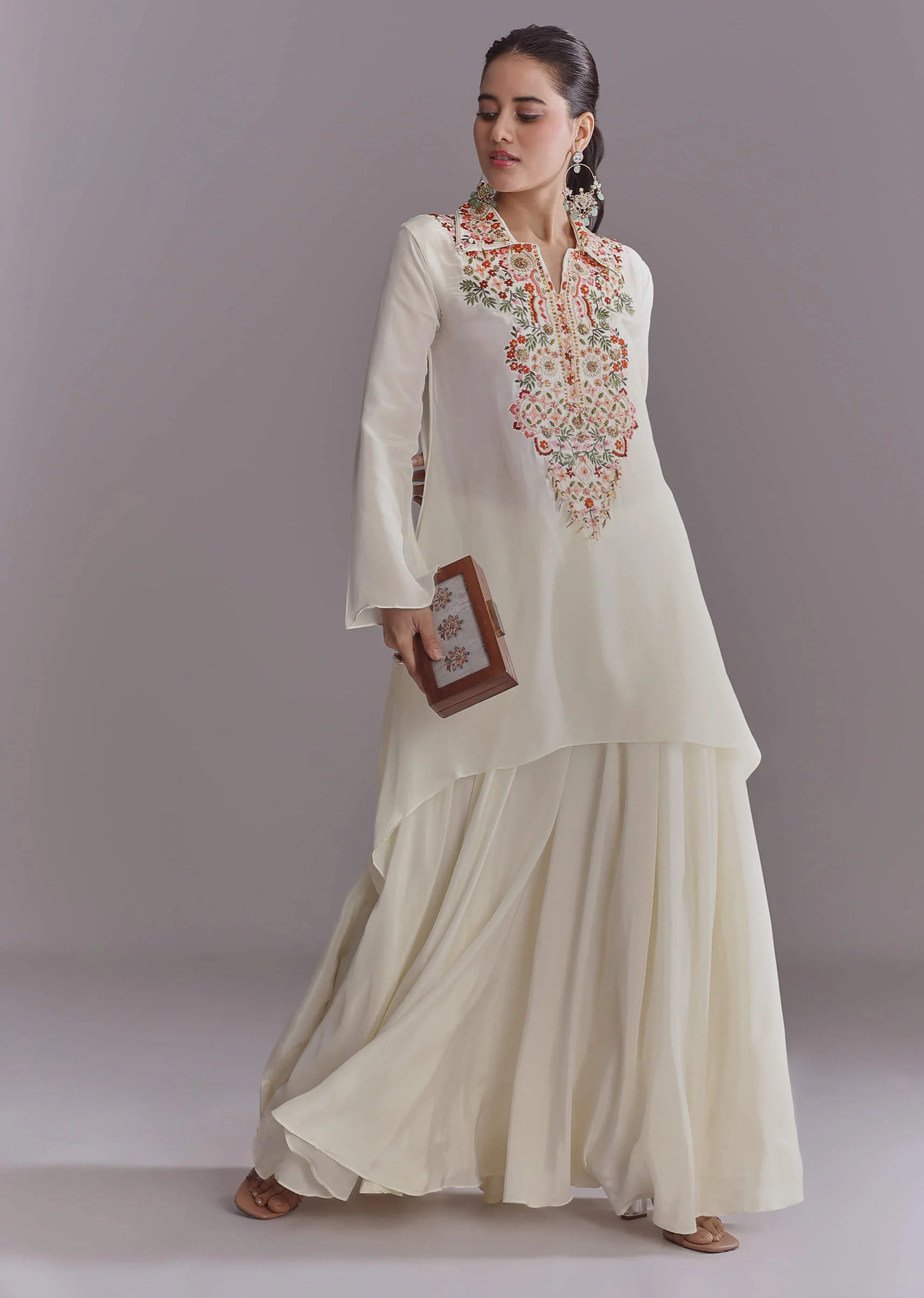 White Crepe Palazzo Suit With Thread And Resham Work - Image 7