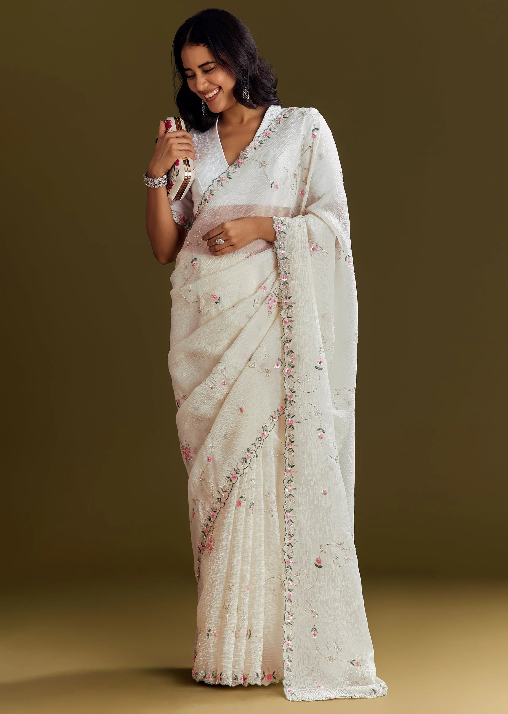 White Crush Tissue Saree With Cutdana And Beads Scallop Border - Image 2