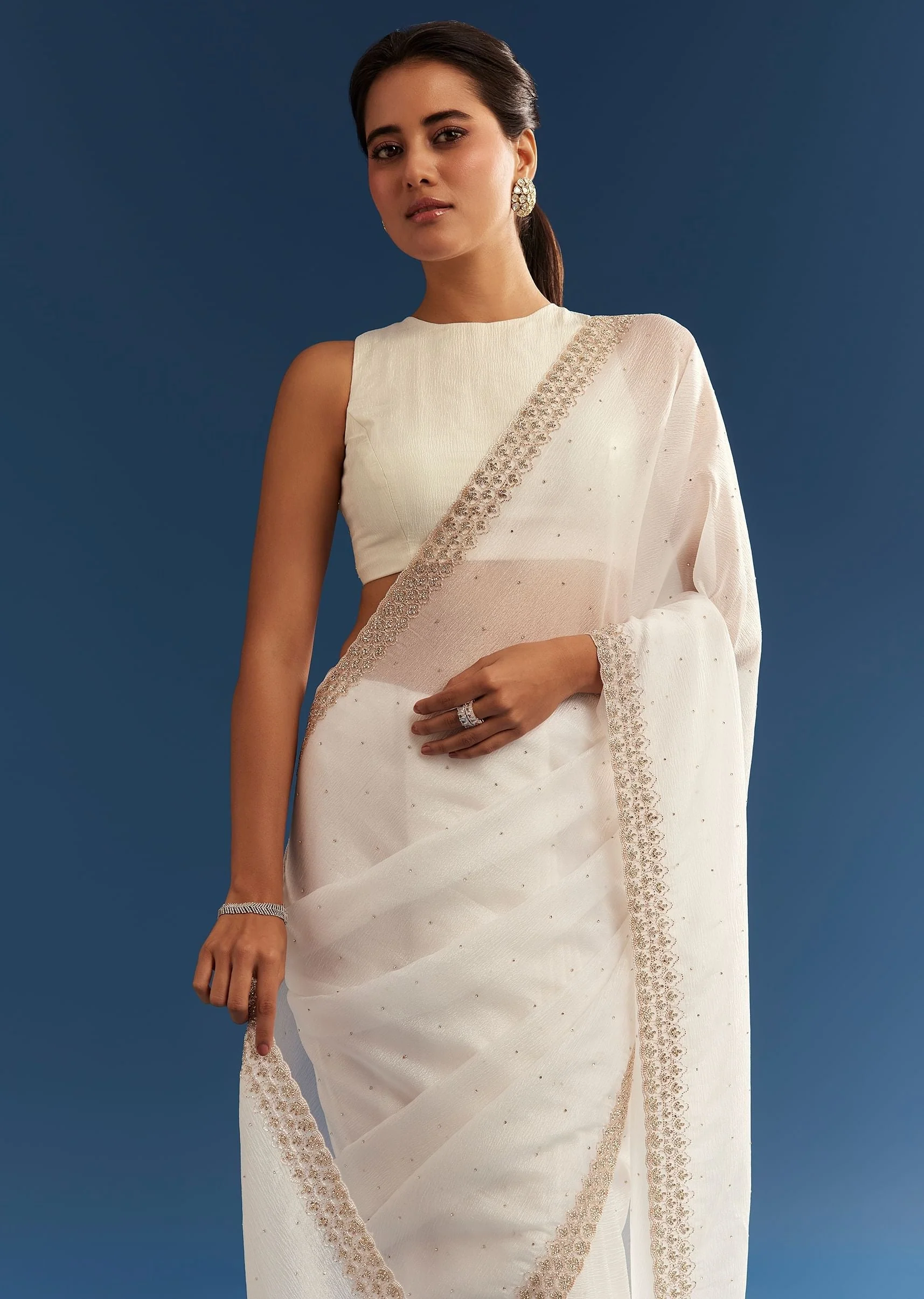 White Crushed Tissue Cutdana Embroidered Saree - Image 5