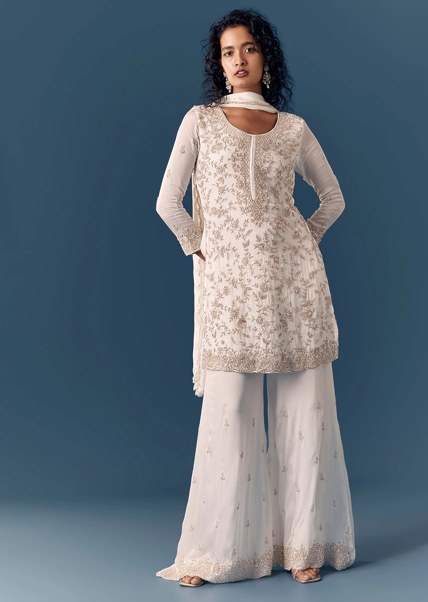 White Cut Dana Kurta Palazzo Set With Dupatta - Image 3