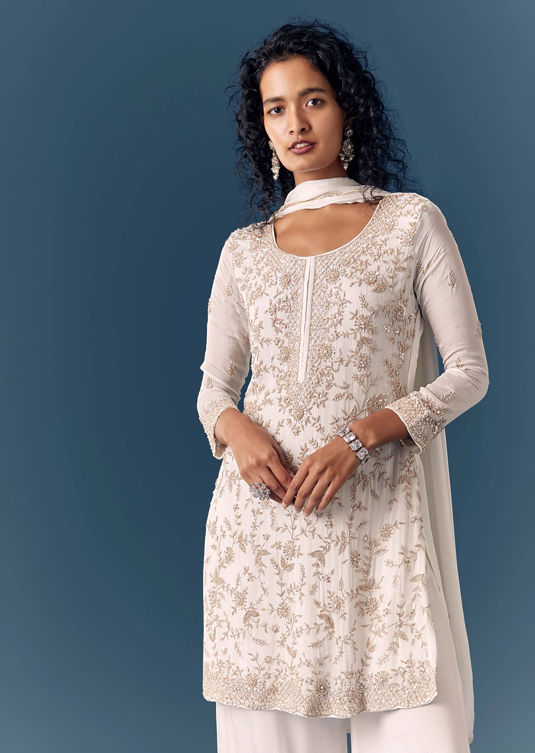 White Cut Dana Kurta Palazzo Set With Dupatta - Image 4