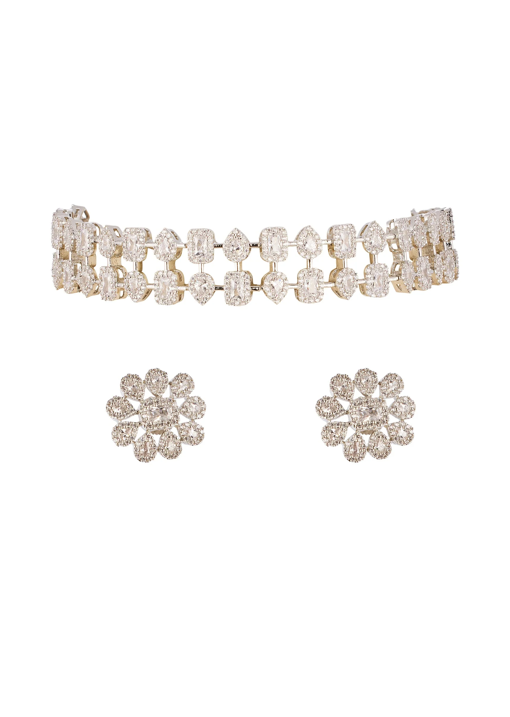 White CZ Diamond Anti Tarnish Necklace and Floral Earrings Set