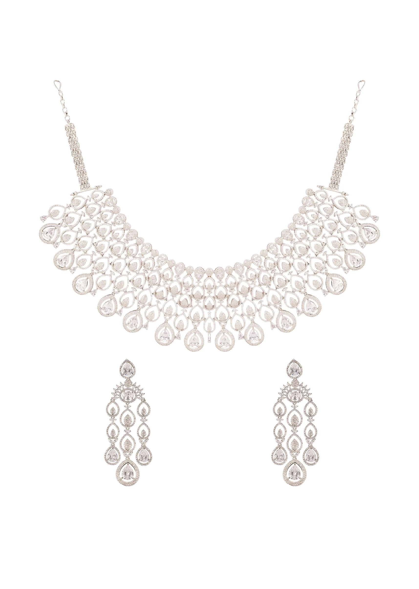 White Cz Diamond Long Necklace Set In Rhodium Plated Brass with Anti Tarnish Finish