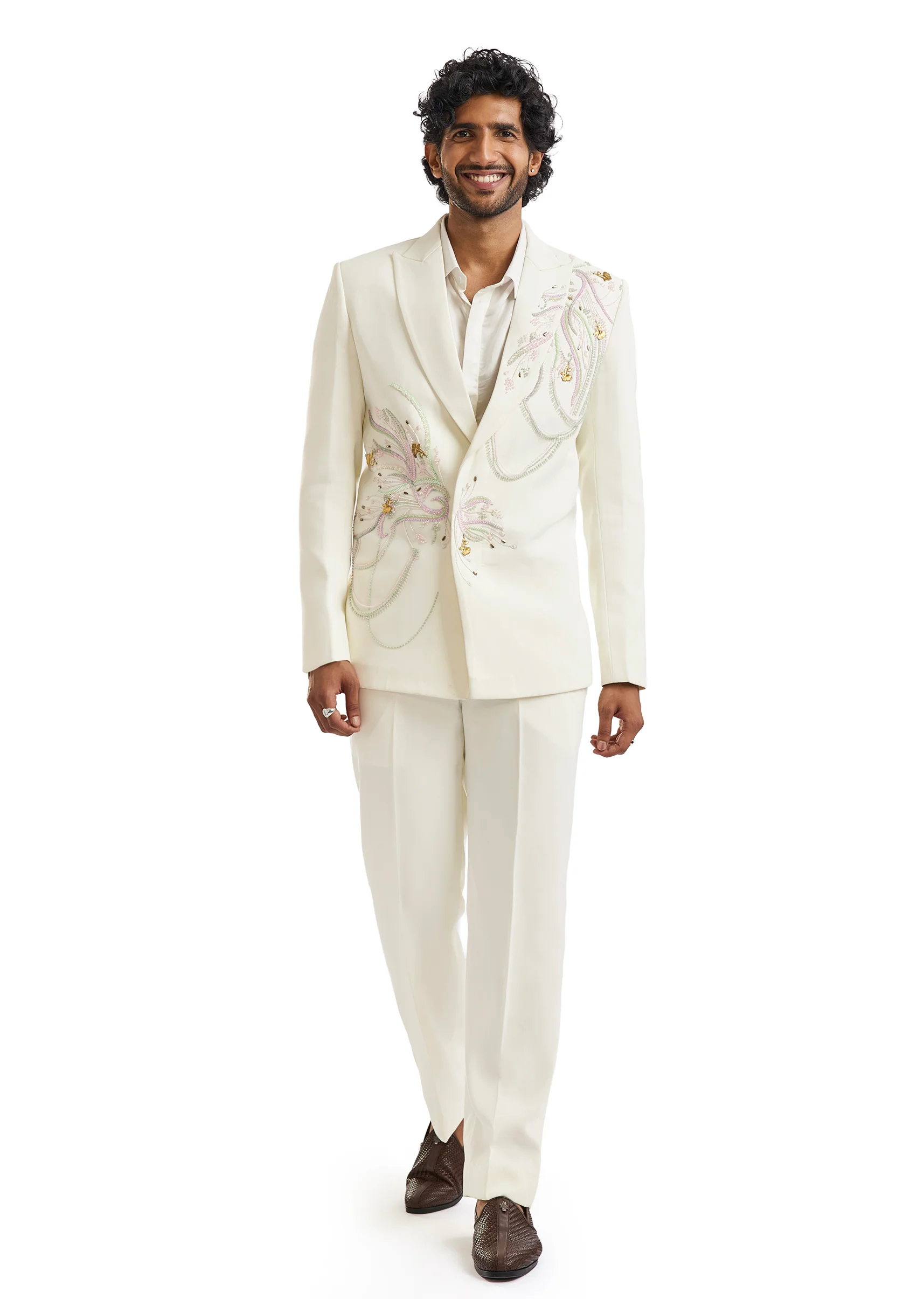 White Double Breasted Embroidered Blazer Set - Image 2