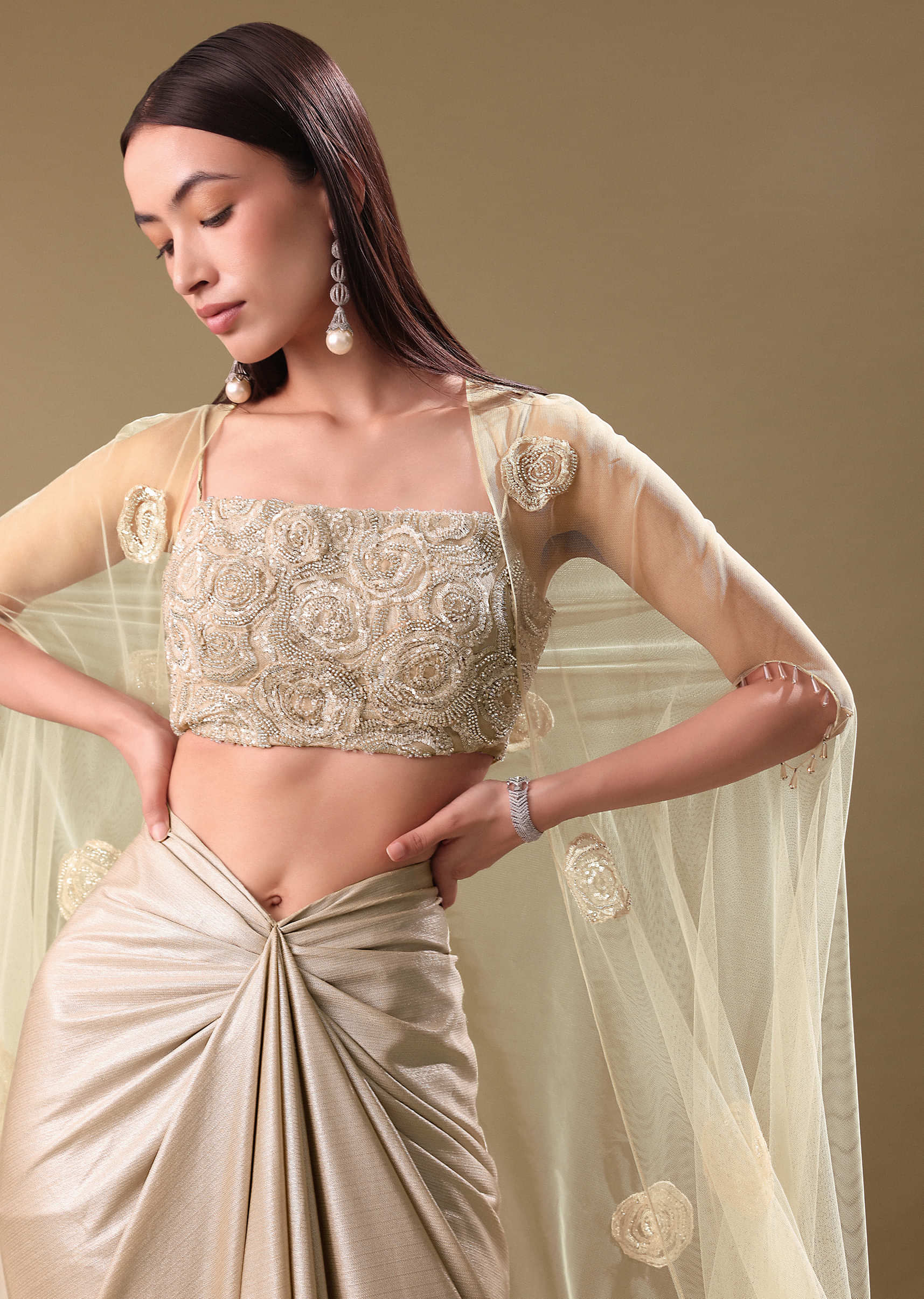 White Drape Skirt Set With Jacket - Image 2
