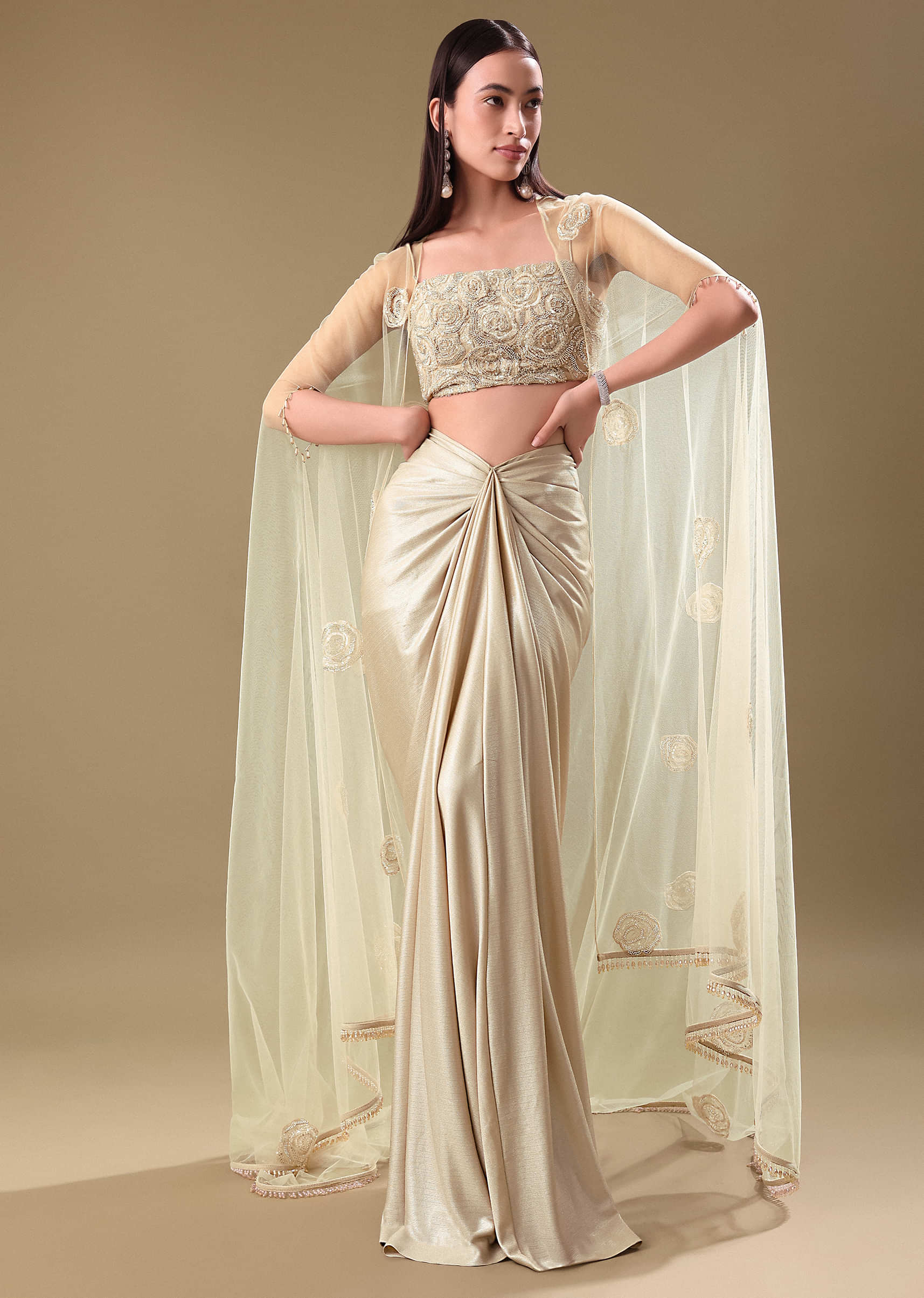 White Drape Skirt Set With Jacket - Image 3