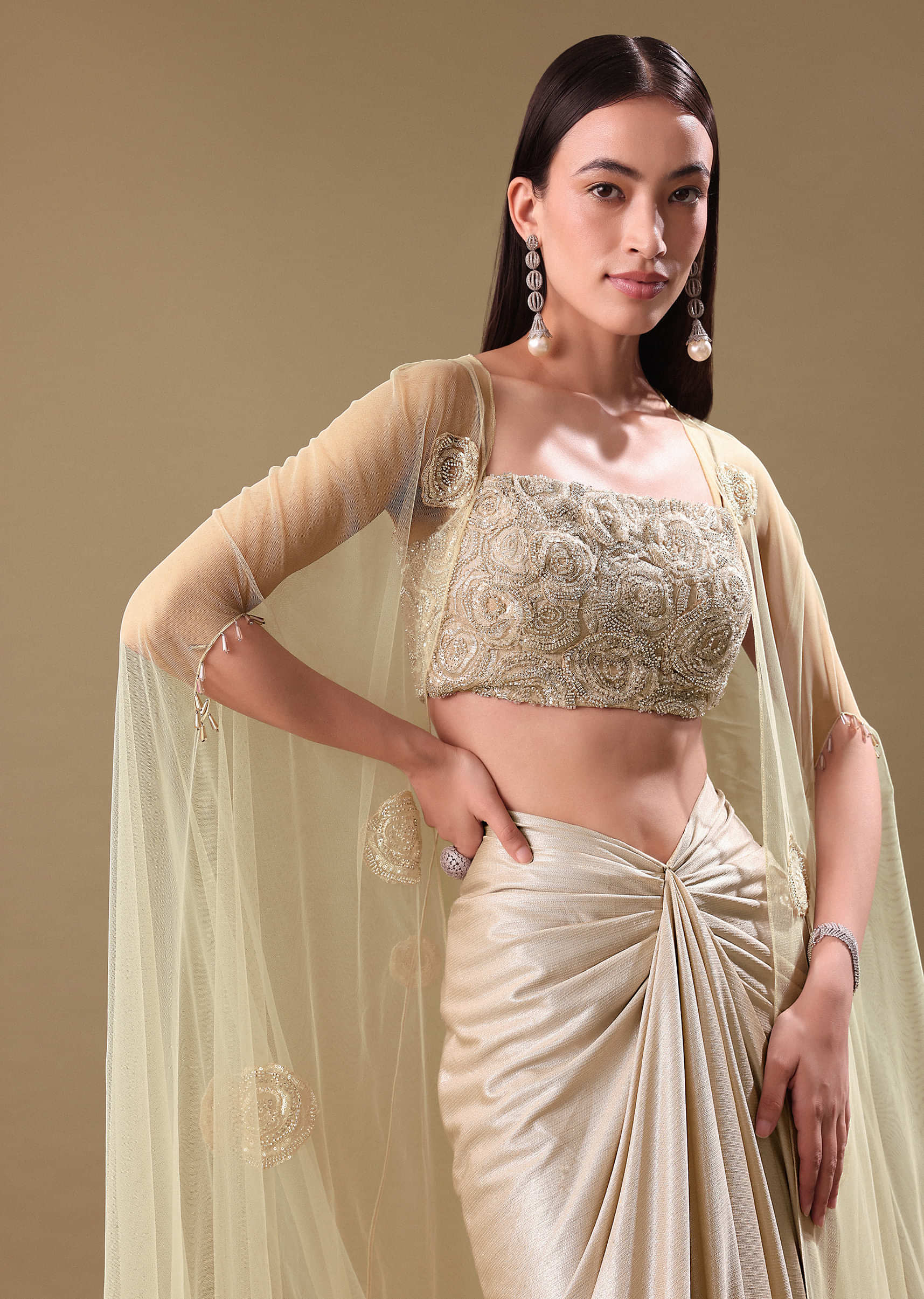 White Drape Skirt Set With Jacket - Image 4