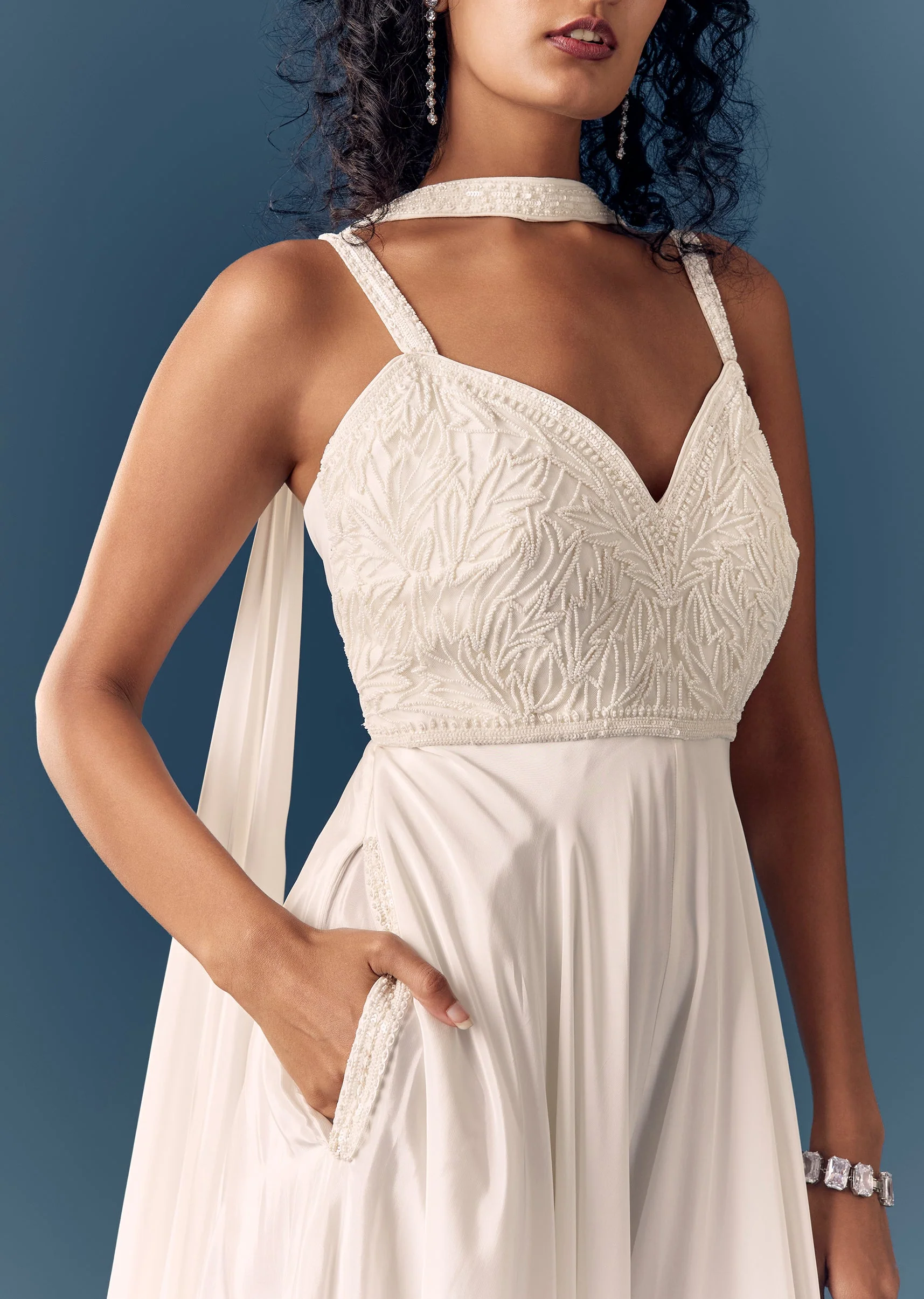 White Embellished Jumpsuit With Dupatta - Image 2