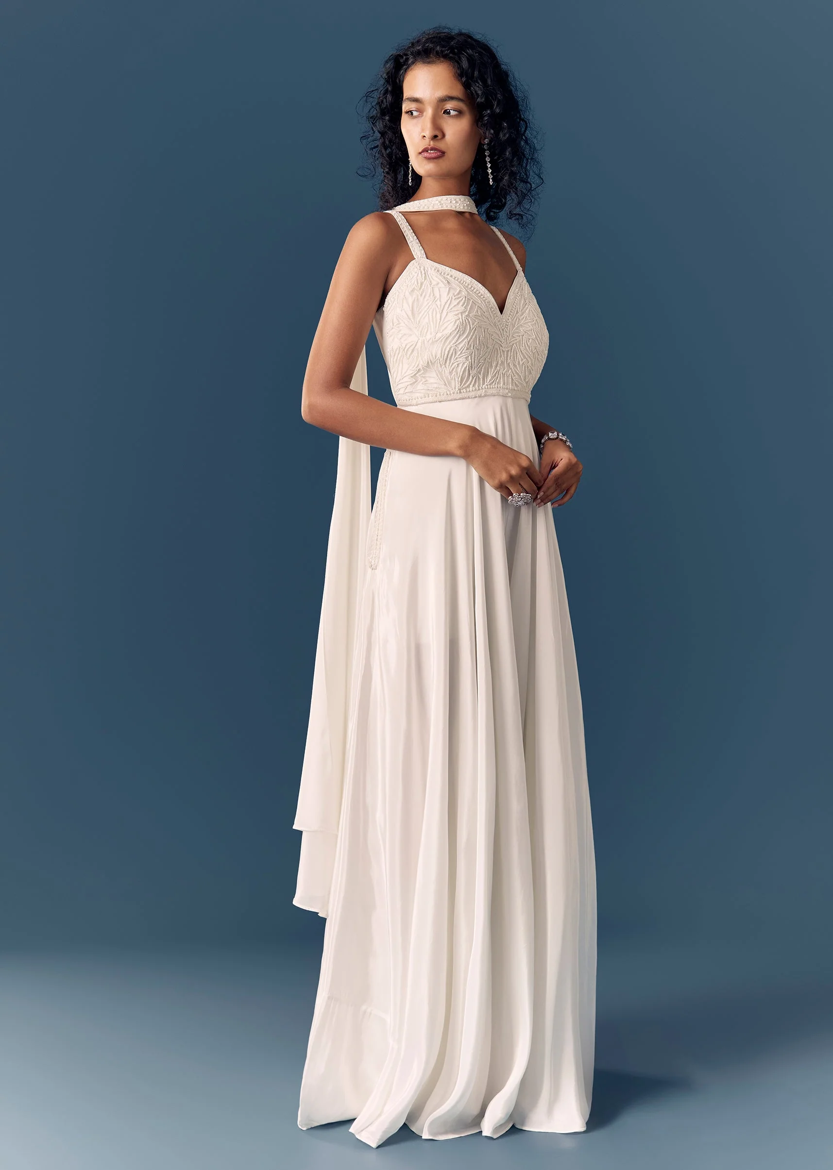 White Embellished Jumpsuit With Dupatta - Image 3