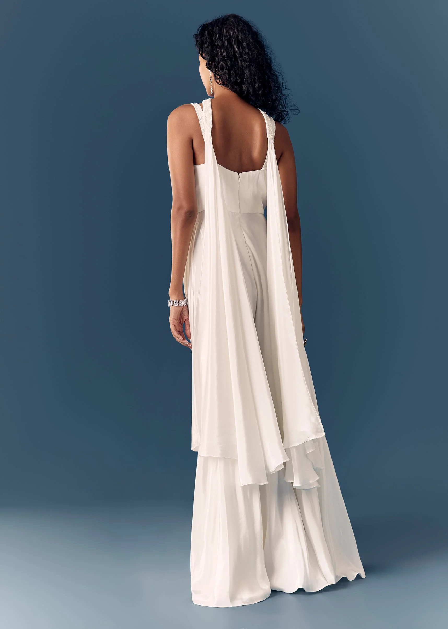 White Embellished Jumpsuit With Dupatta - Image 5