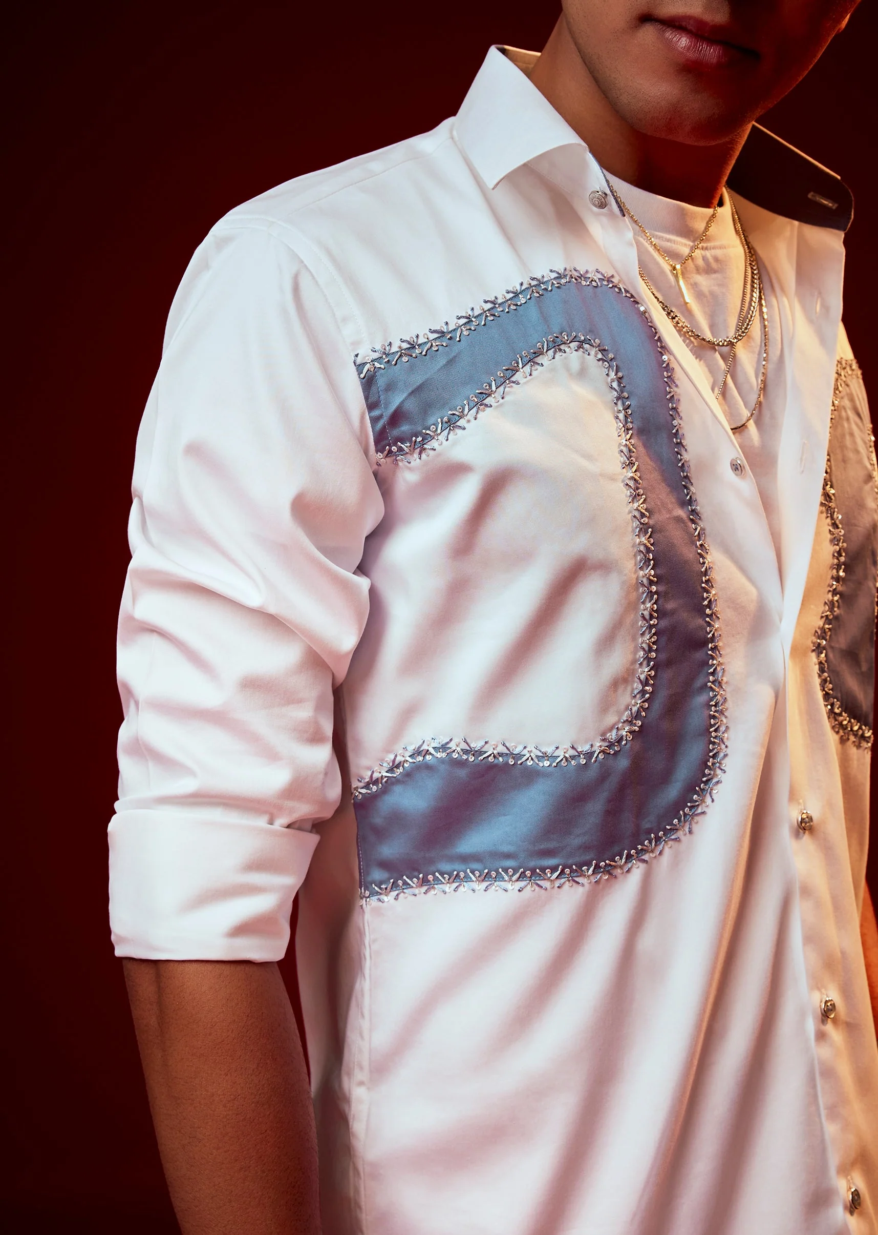 White Embellished Silk Blend Mandarin Collar Party Shirt - Image 2