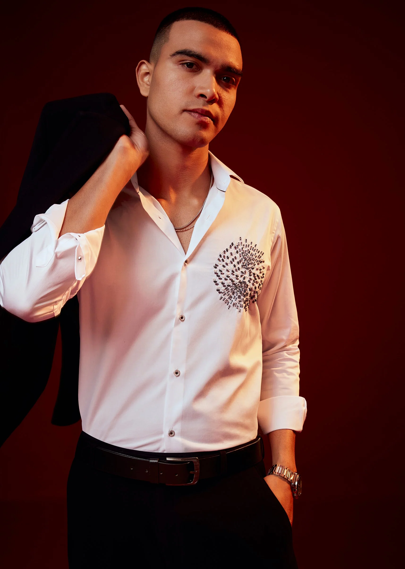 White Embellished Silk Blend Party Shirt - Image 4