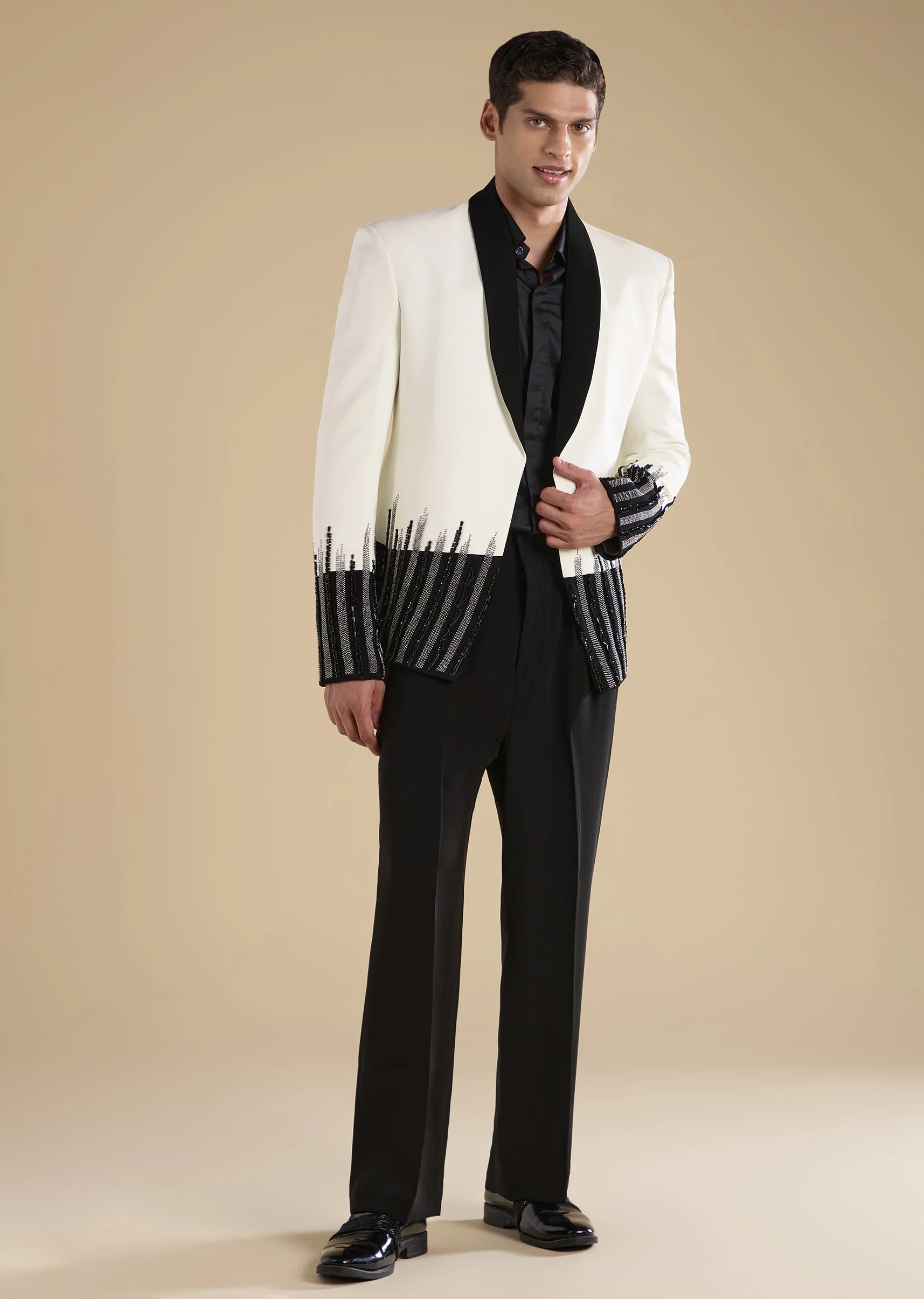 White Embellished Tuxedo Set With Shirt And Trousers - Image 2