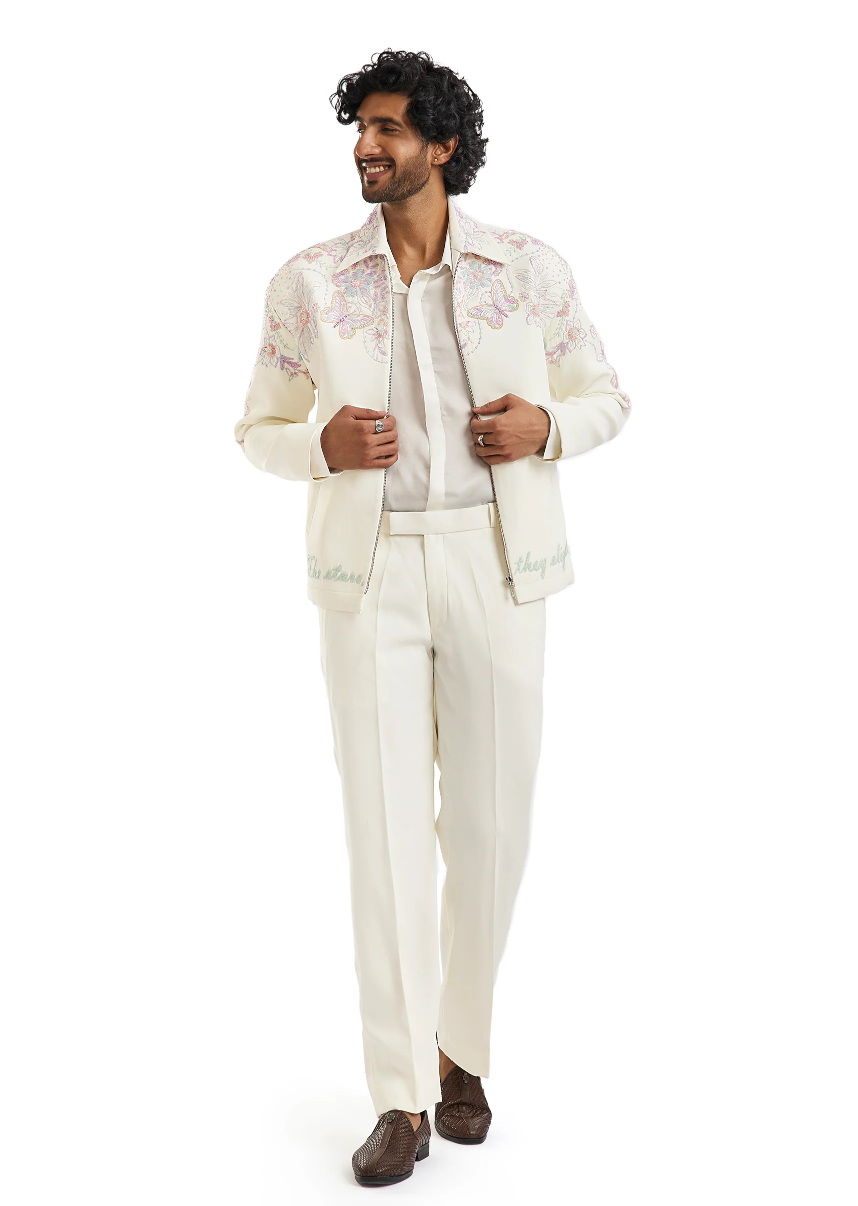 White Embroidered Bomber Jacket Set - Image 2