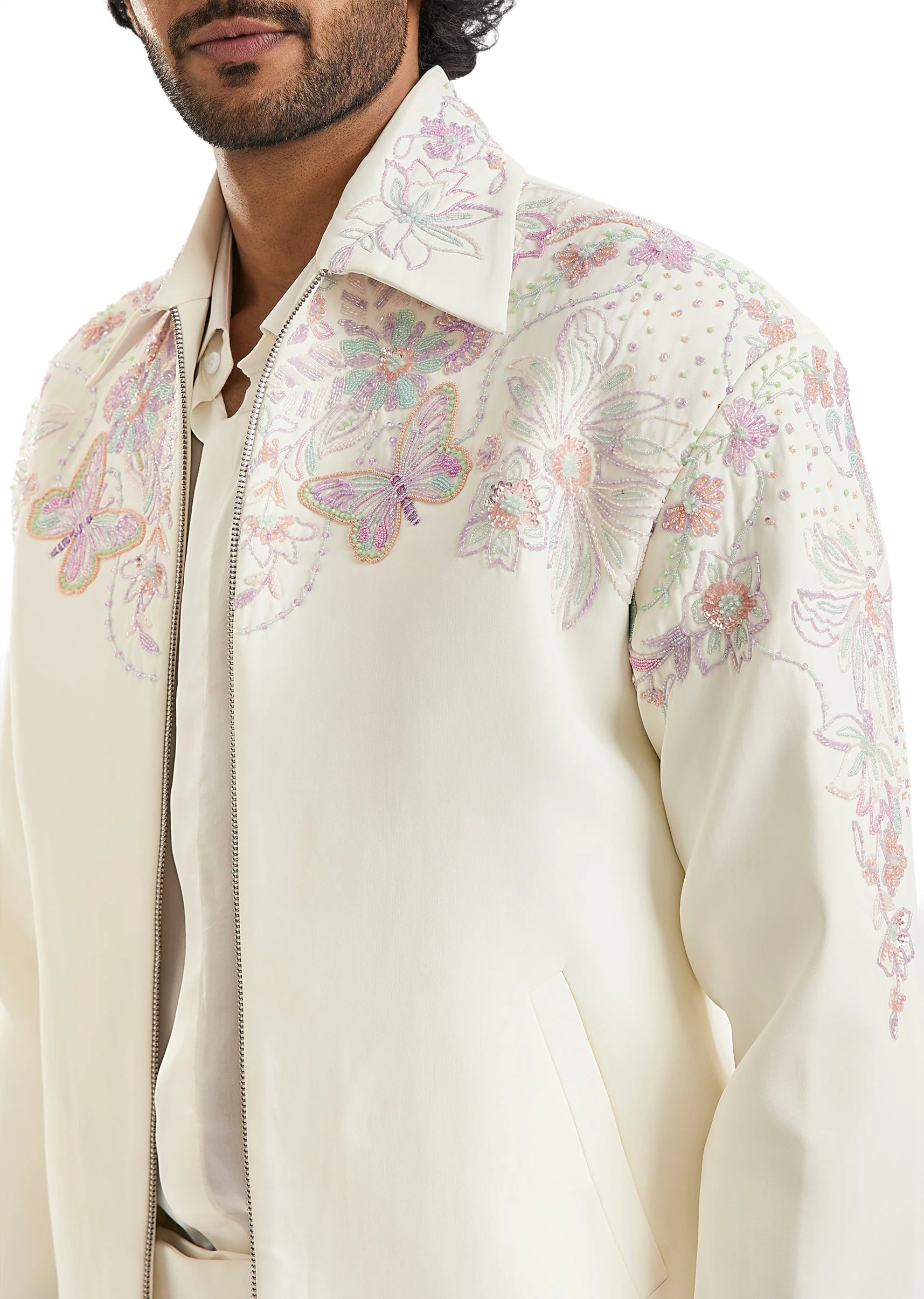 White Embroidered Bomber Jacket Set - Image 7