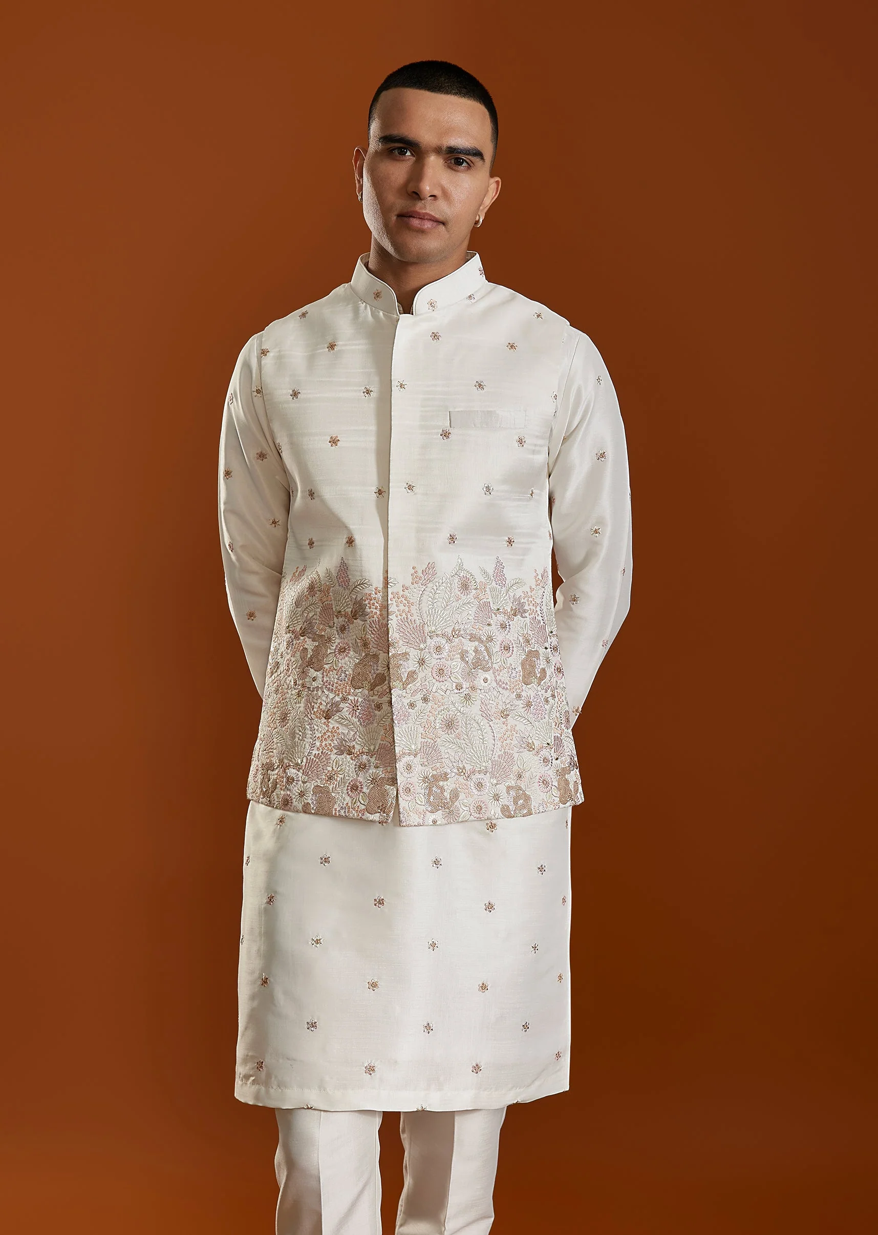 White Embroidered Kurta Jacket Set - Image 4