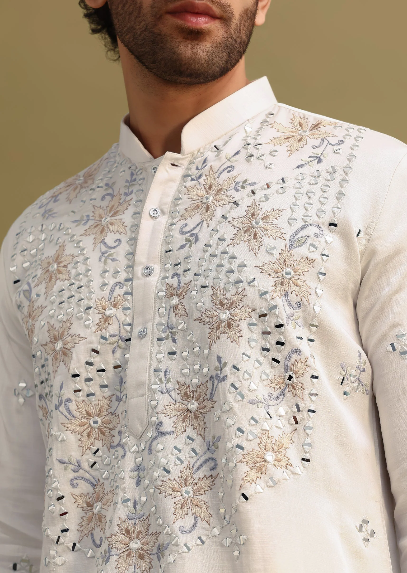 White Embroidered Mirror Work Kurta Set For Men - Image 8