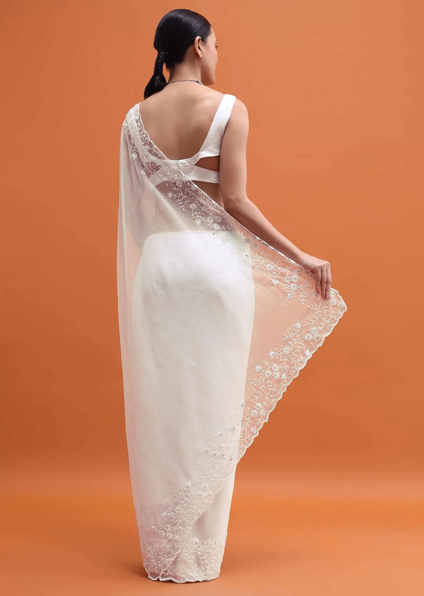 White Embroidered Organza Saree - Image 4