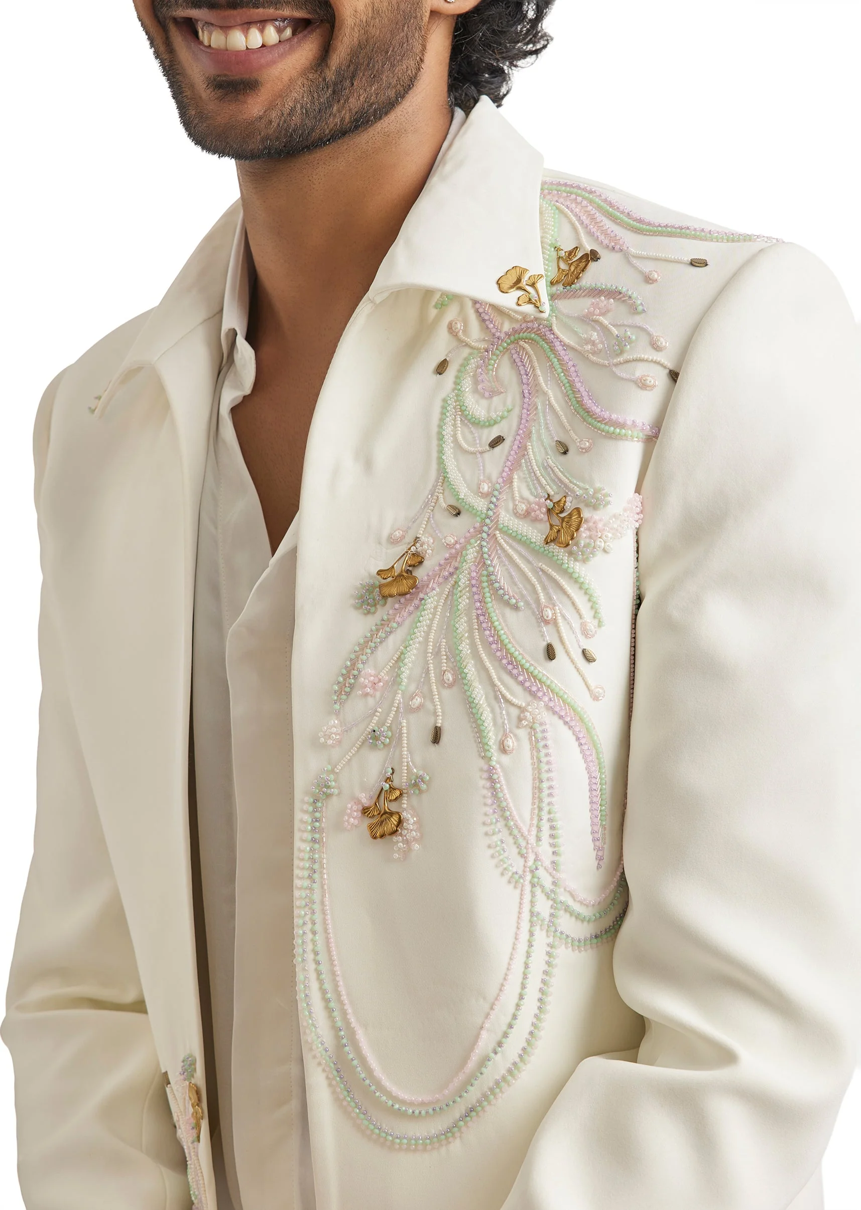 White Embroidered Tuxedo Set With Organza Satin Shirt - Image 2