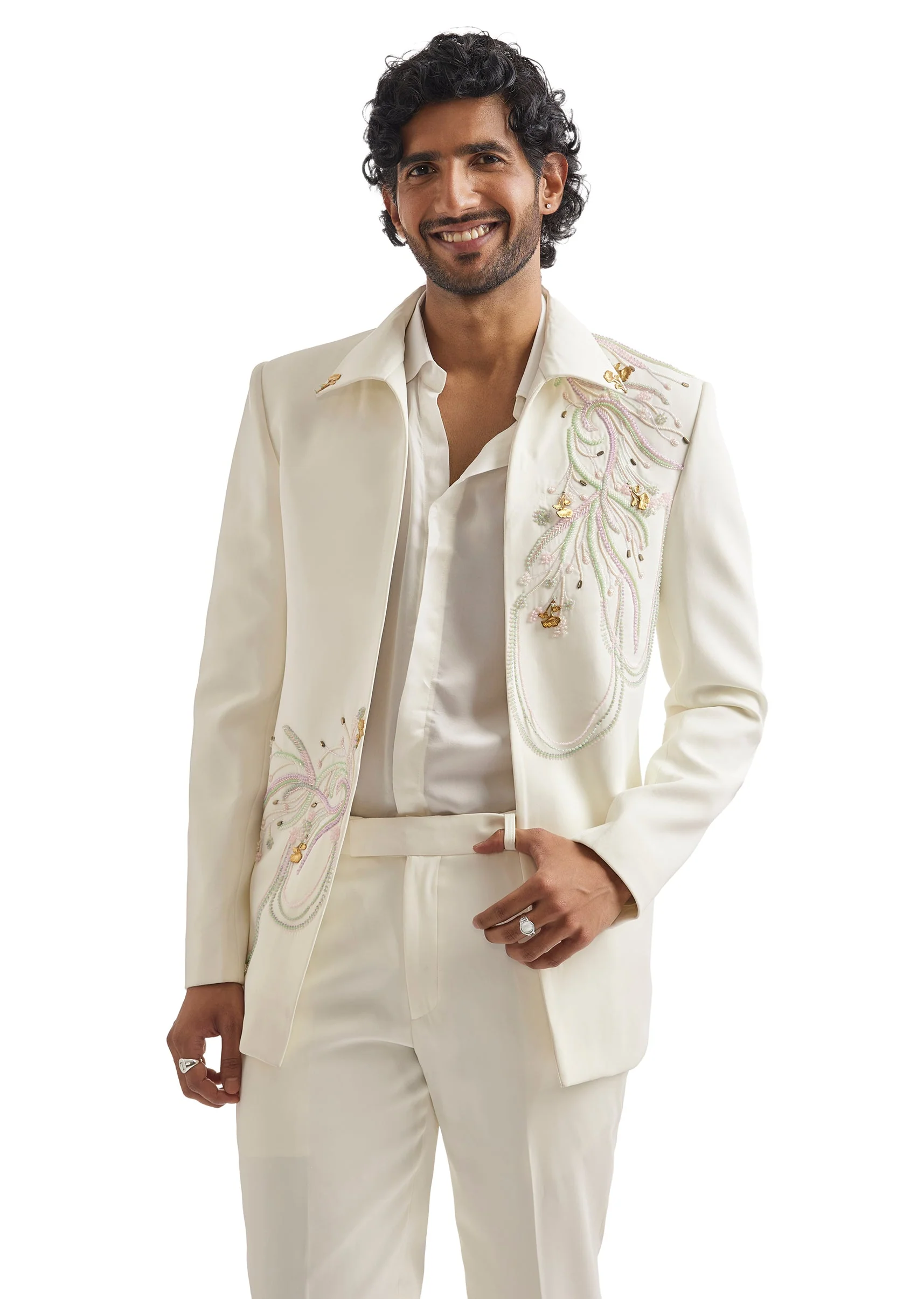White Embroidered Tuxedo Set With Organza Satin Shirt - Image 4
