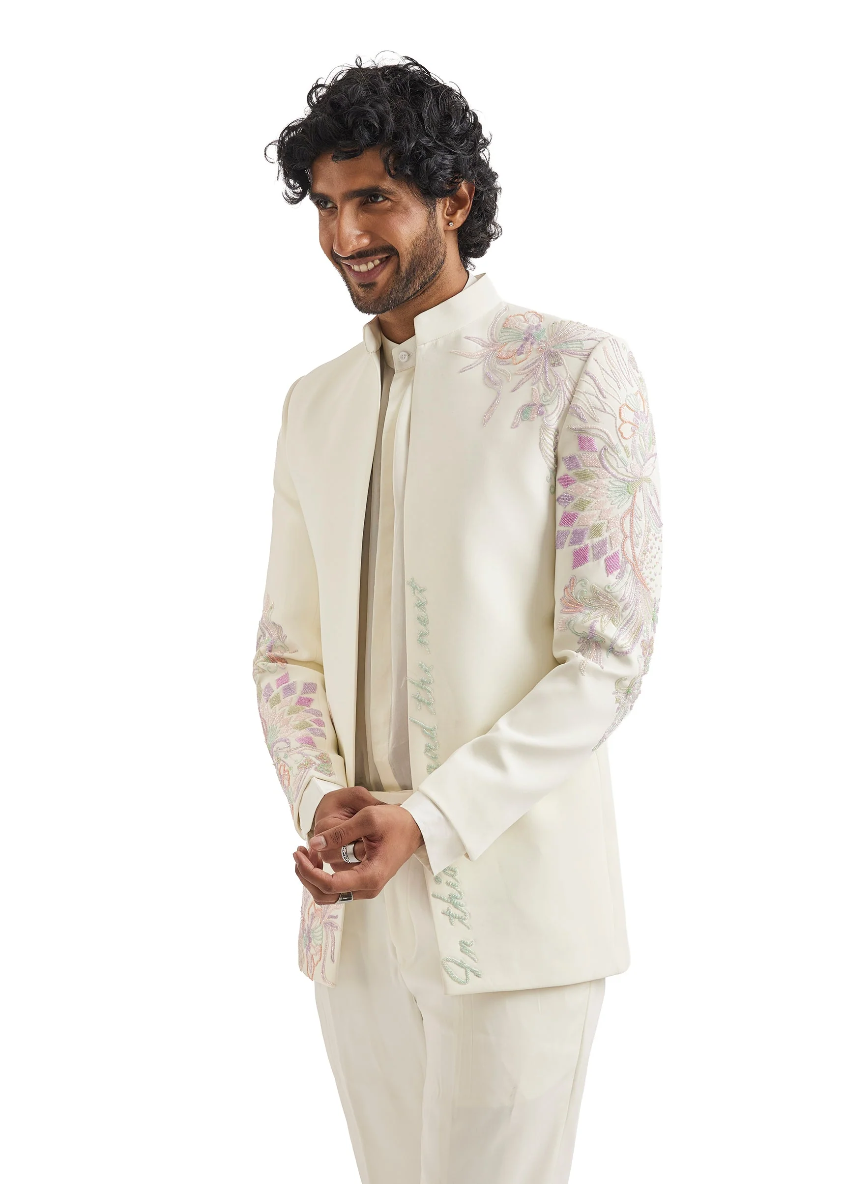 White Embroidered Tuxedo Set With Statement Blazer - Image 4