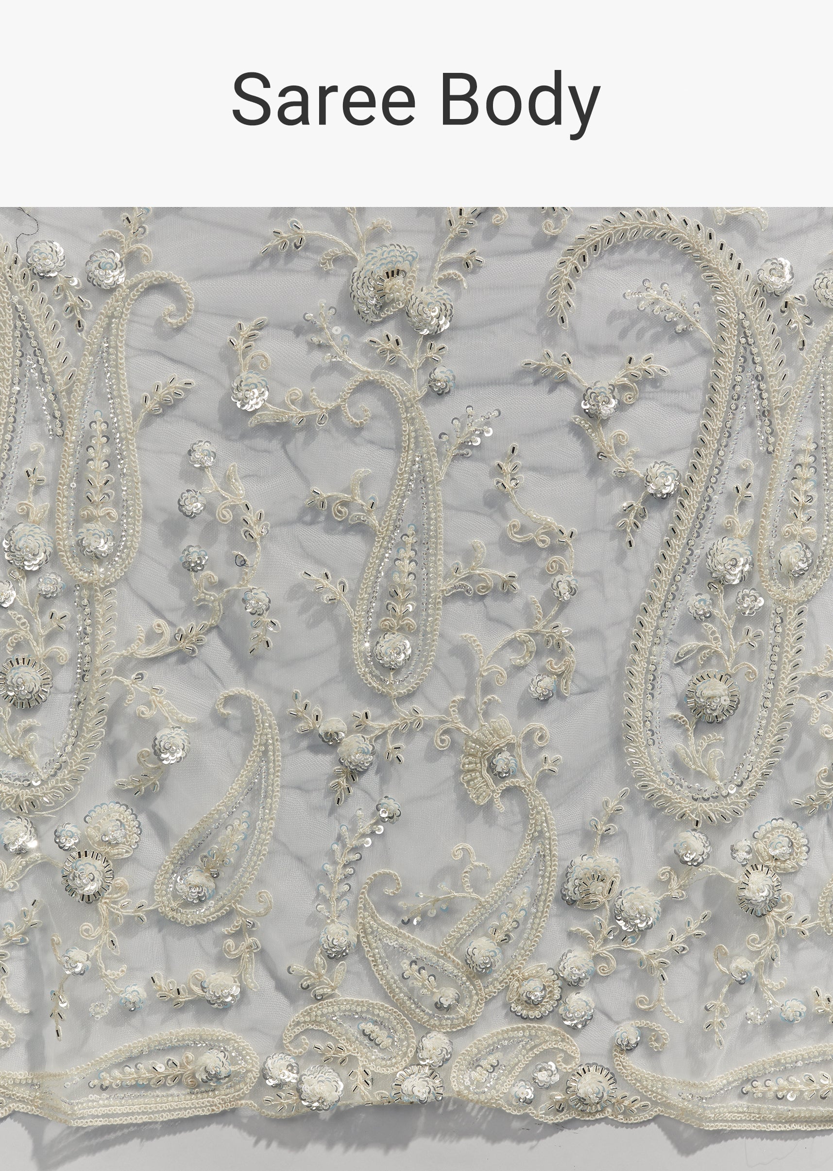 White Floral Heavy Embroidered Net Saree With Tasselled Pallu - Image 9