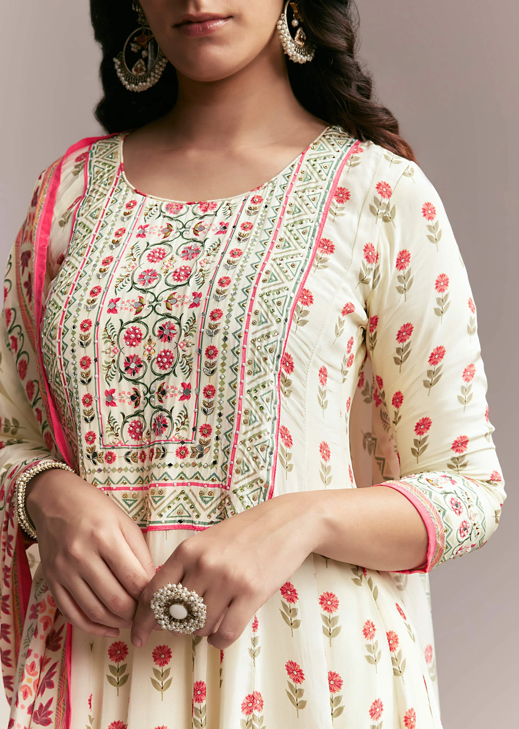 White Floral Printed Anarkali Set - Image 2