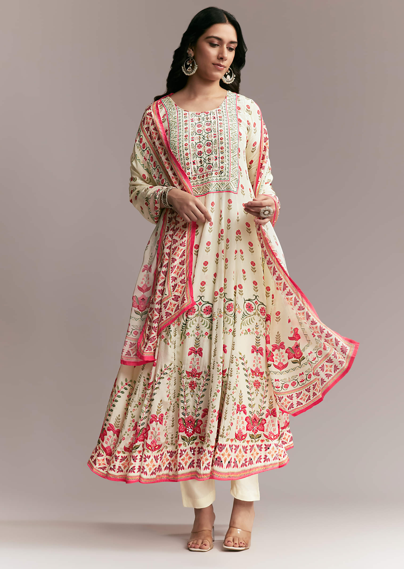 White Floral Printed Anarkali Set - Image 3