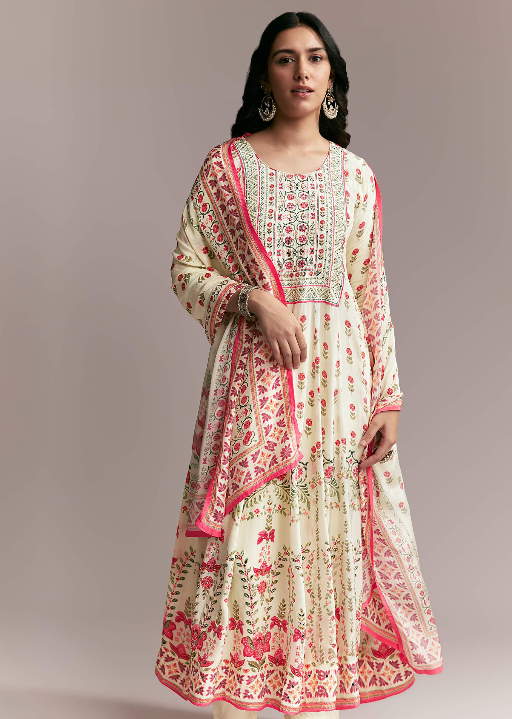 White Floral Printed Anarkali Set - Image 5