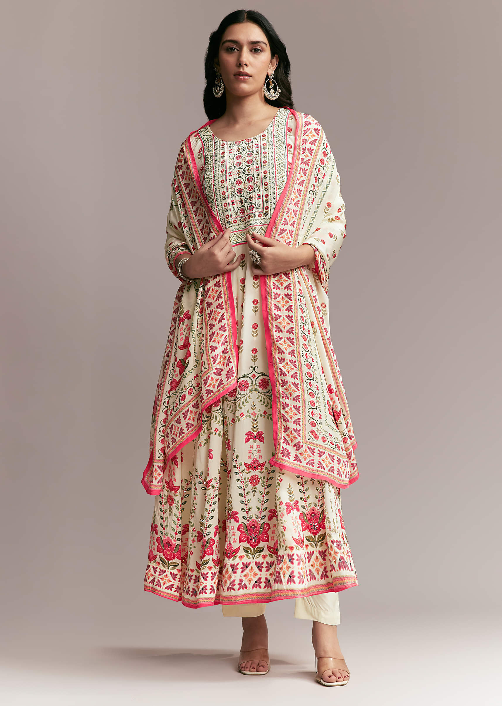 White Floral Printed Anarkali Set - Image 7
