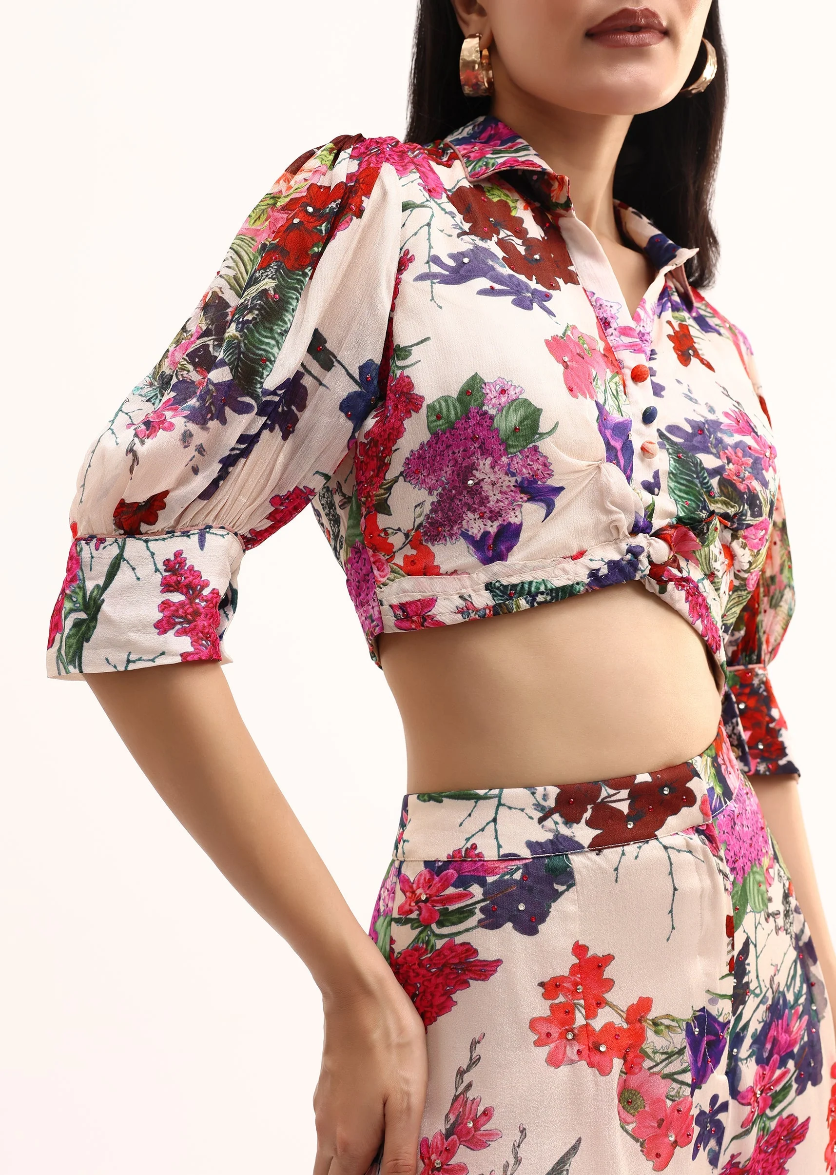 White Floral Printed Chinon Crop Top And Palazzo - Image 2