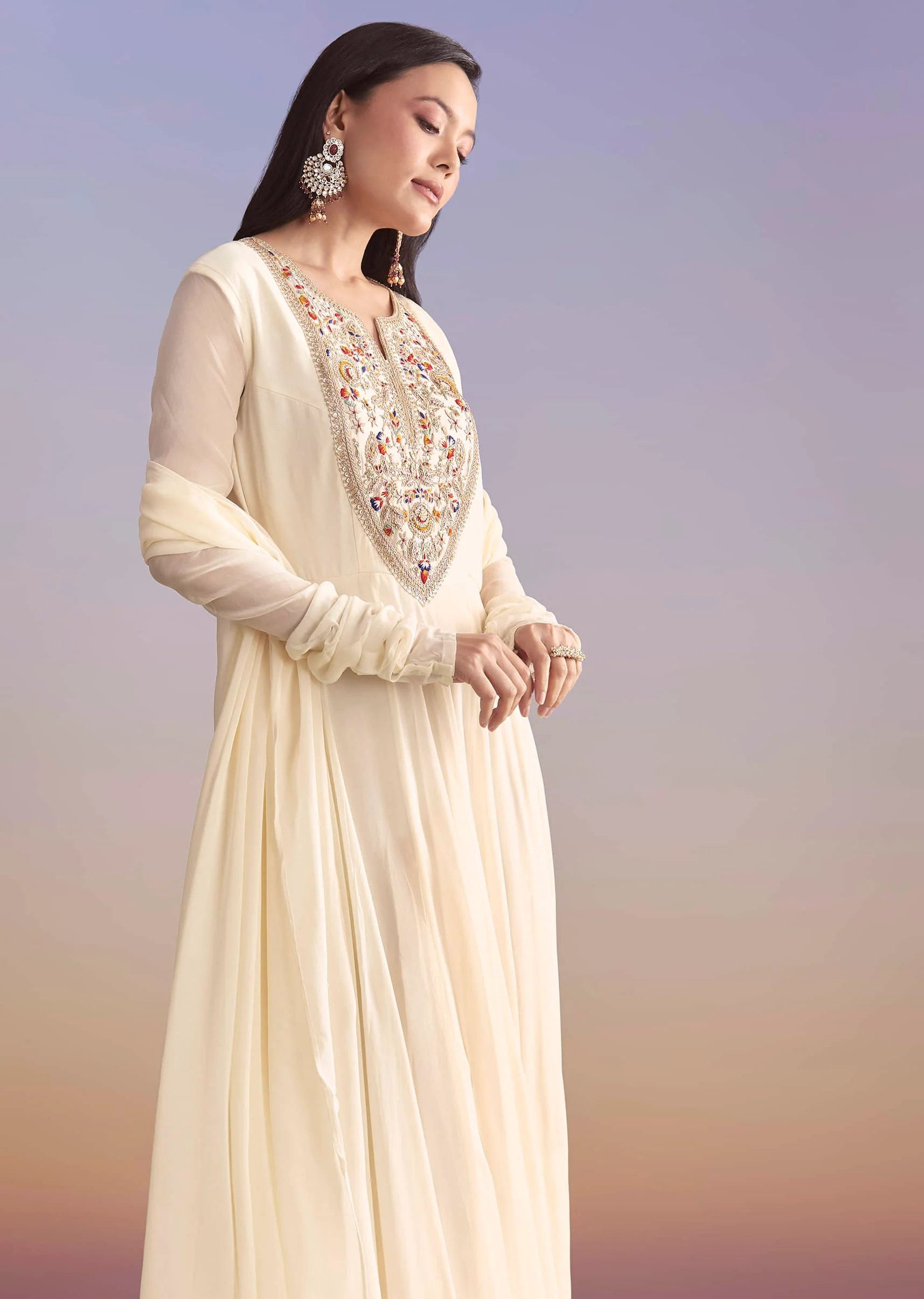 White Georgette Anarkali Suit With Resham and Sequins Work - Image 4