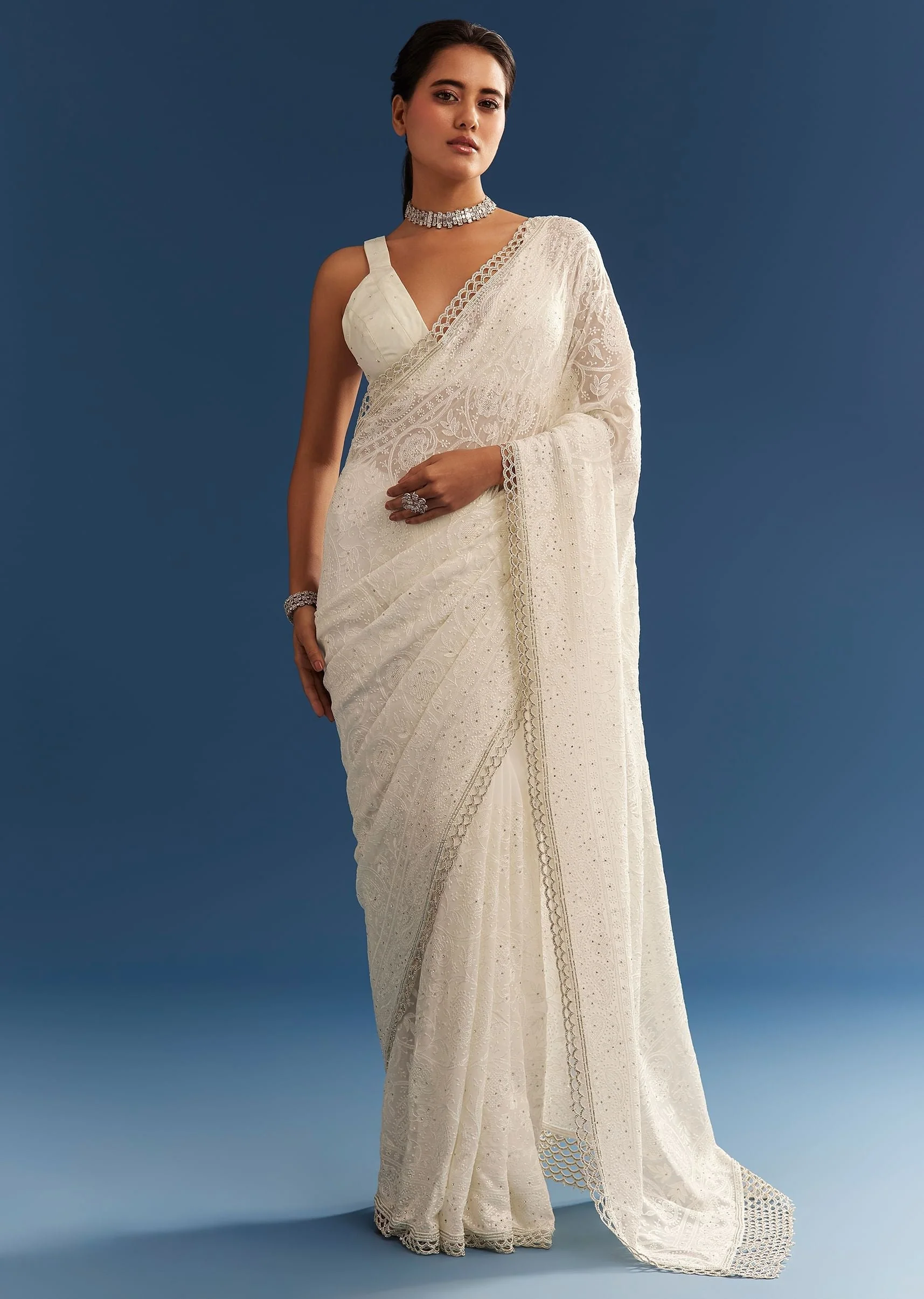 White Georgette Chikankari Embroidered Saree - Image 2