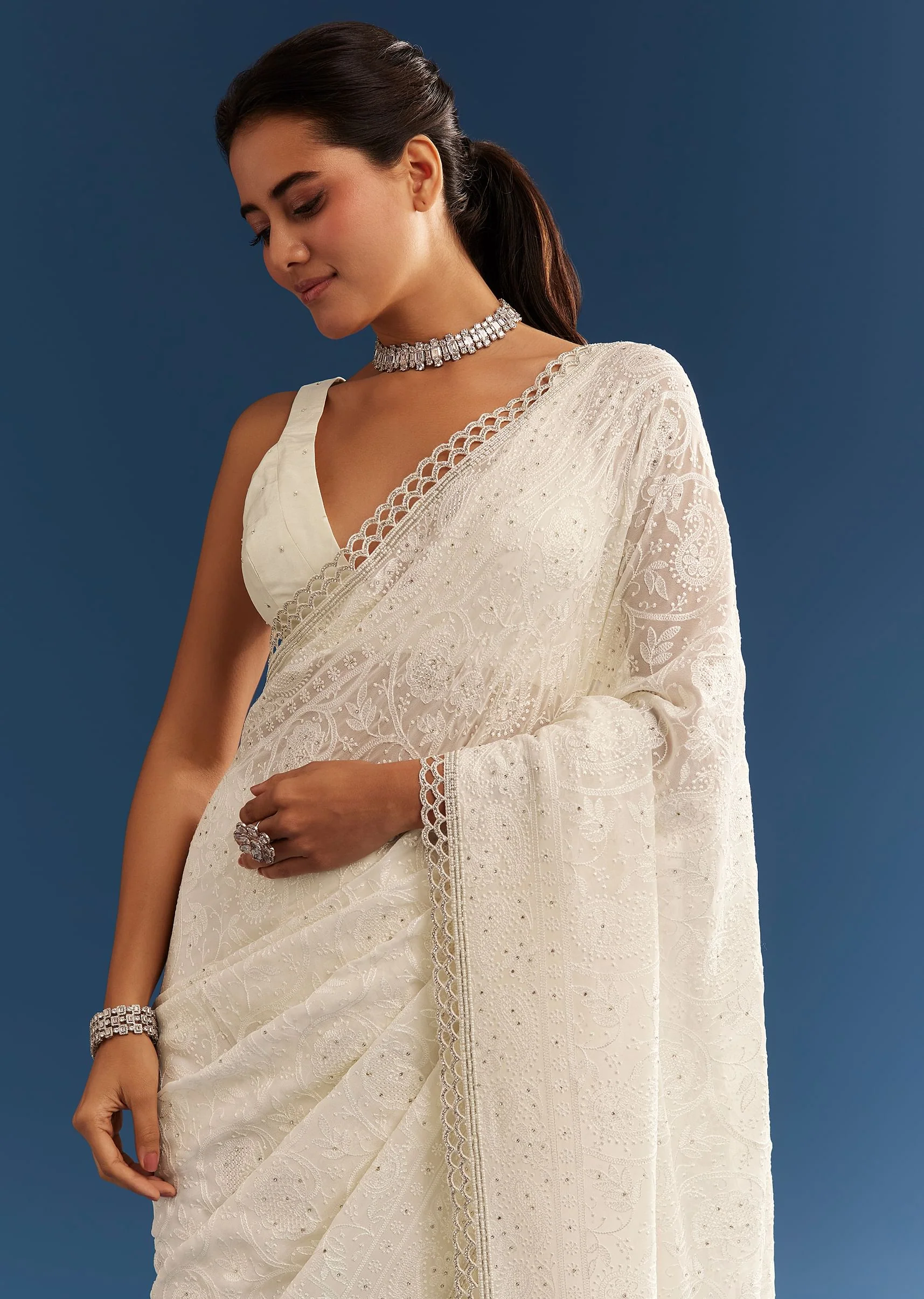 White Georgette Chikankari Embroidered Saree - Image 3