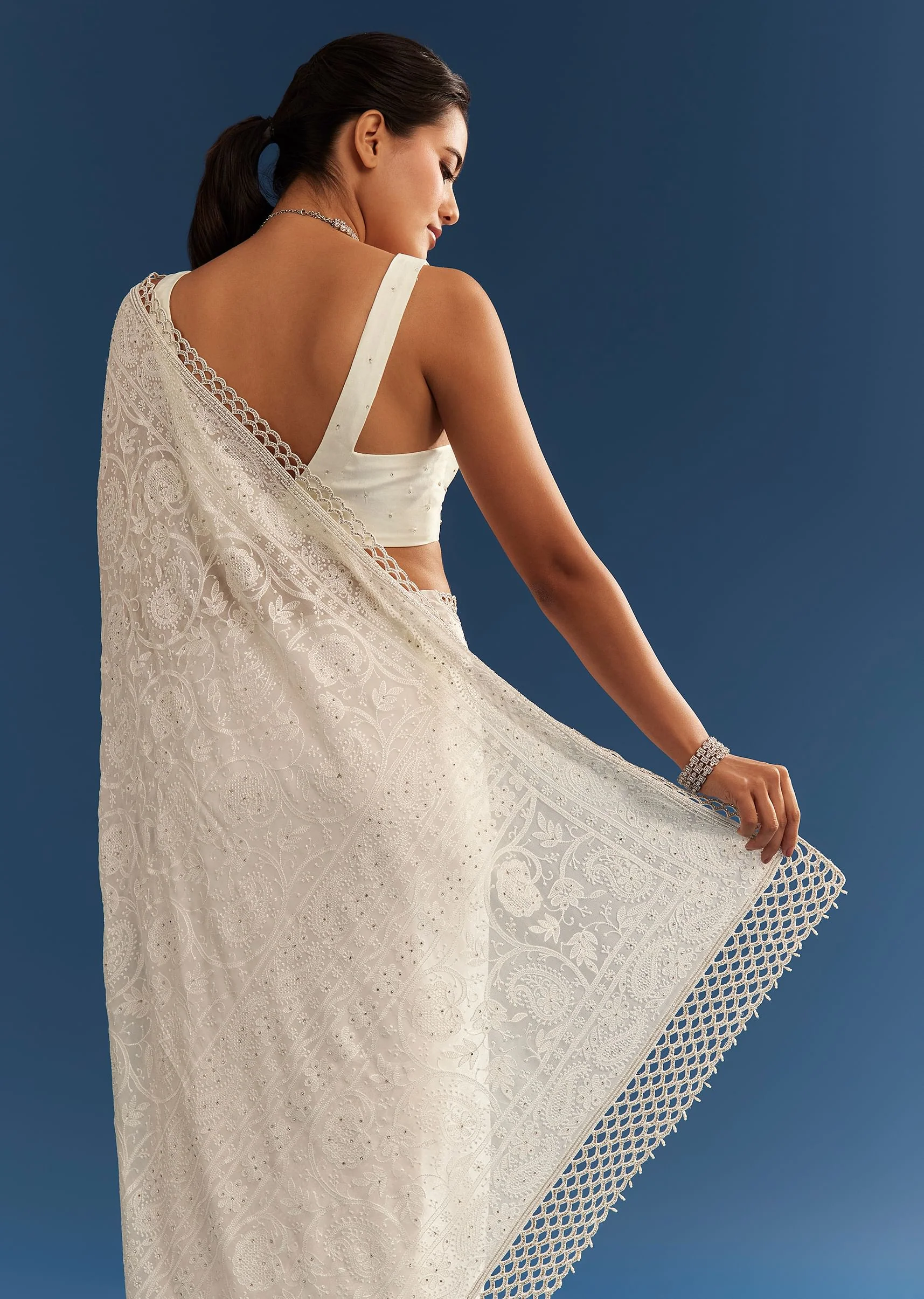 White Georgette Chikankari Embroidered Saree - Image 4