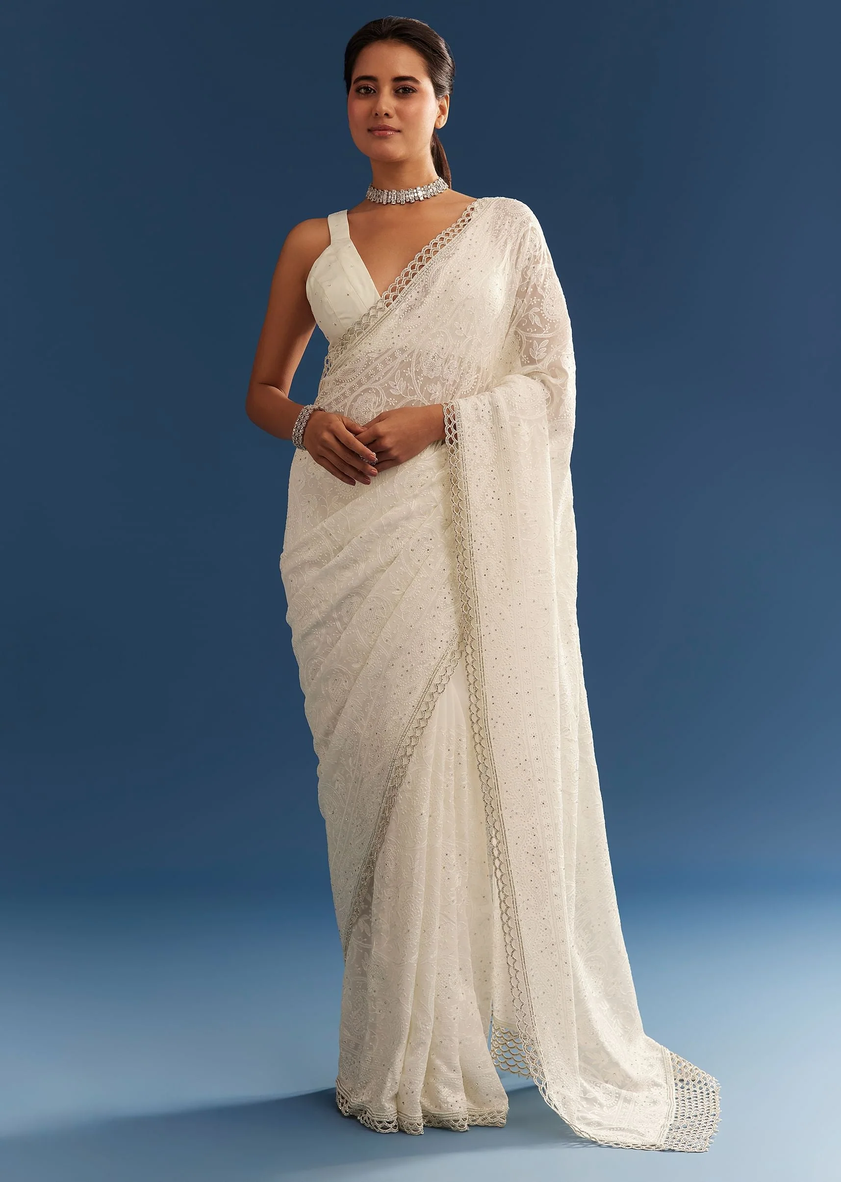 White Georgette Chikankari Embroidered Saree - Image 5