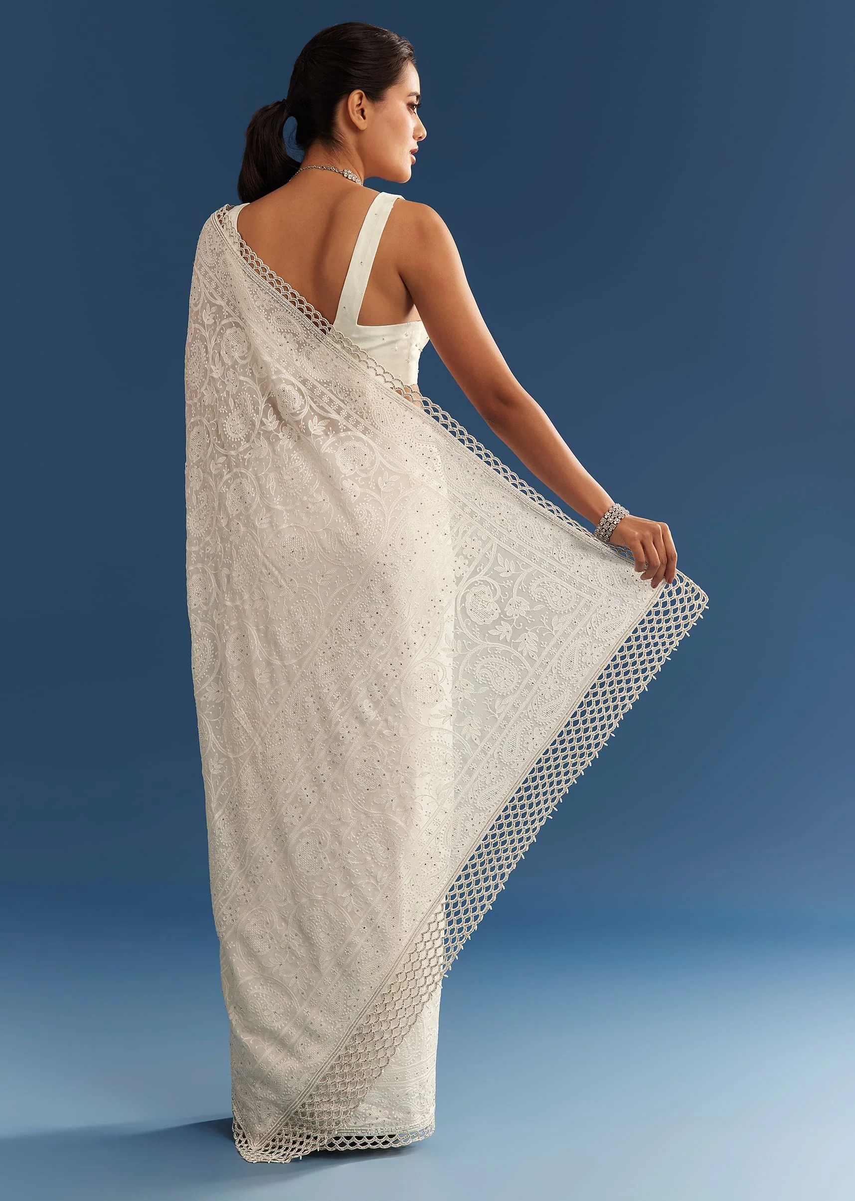 White Georgette Chikankari Embroidered Saree - Image 6