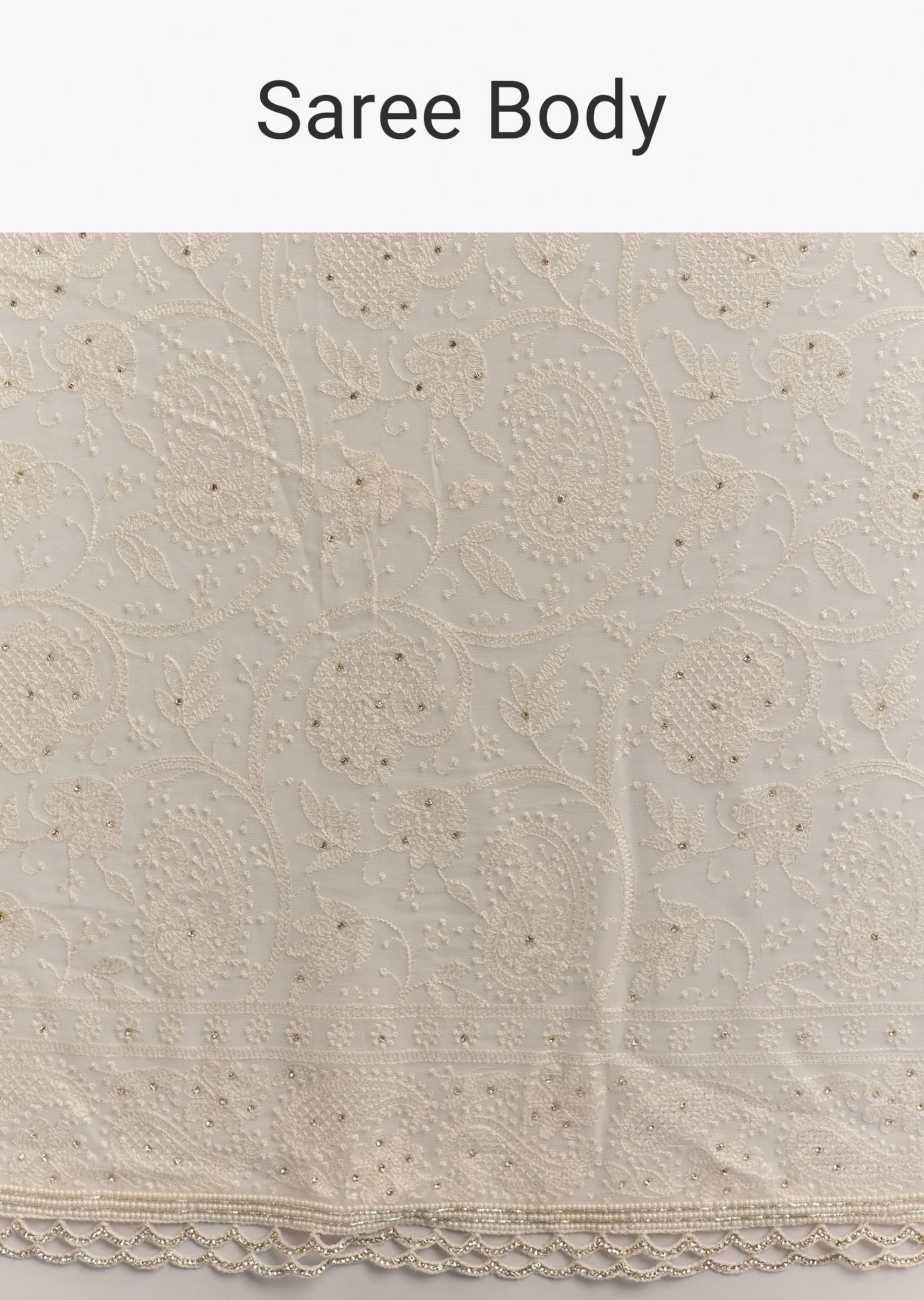 White Georgette Chikankari Embroidered Saree - Image 9