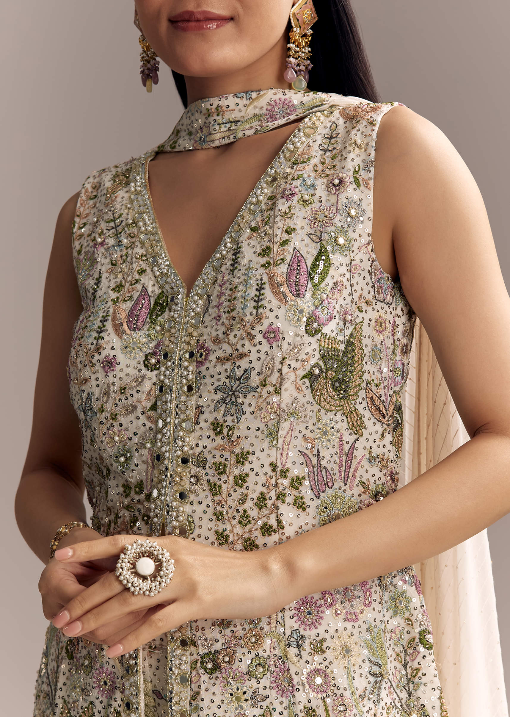 White Georgette Palazzo Suit With Sequins And Resham Embroidery - Image 2