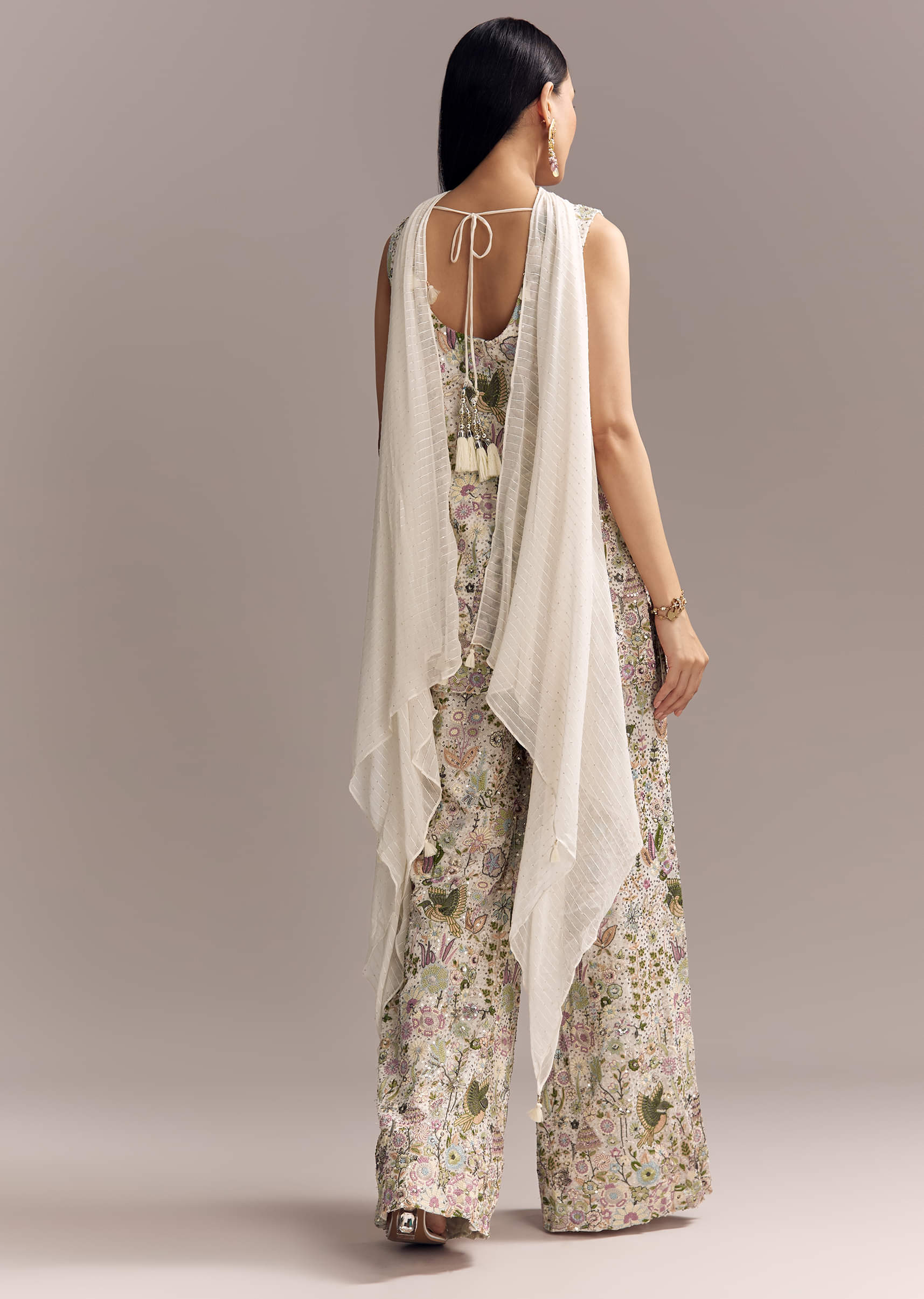 White Georgette Palazzo Suit With Sequins And Resham Embroidery - Image 5