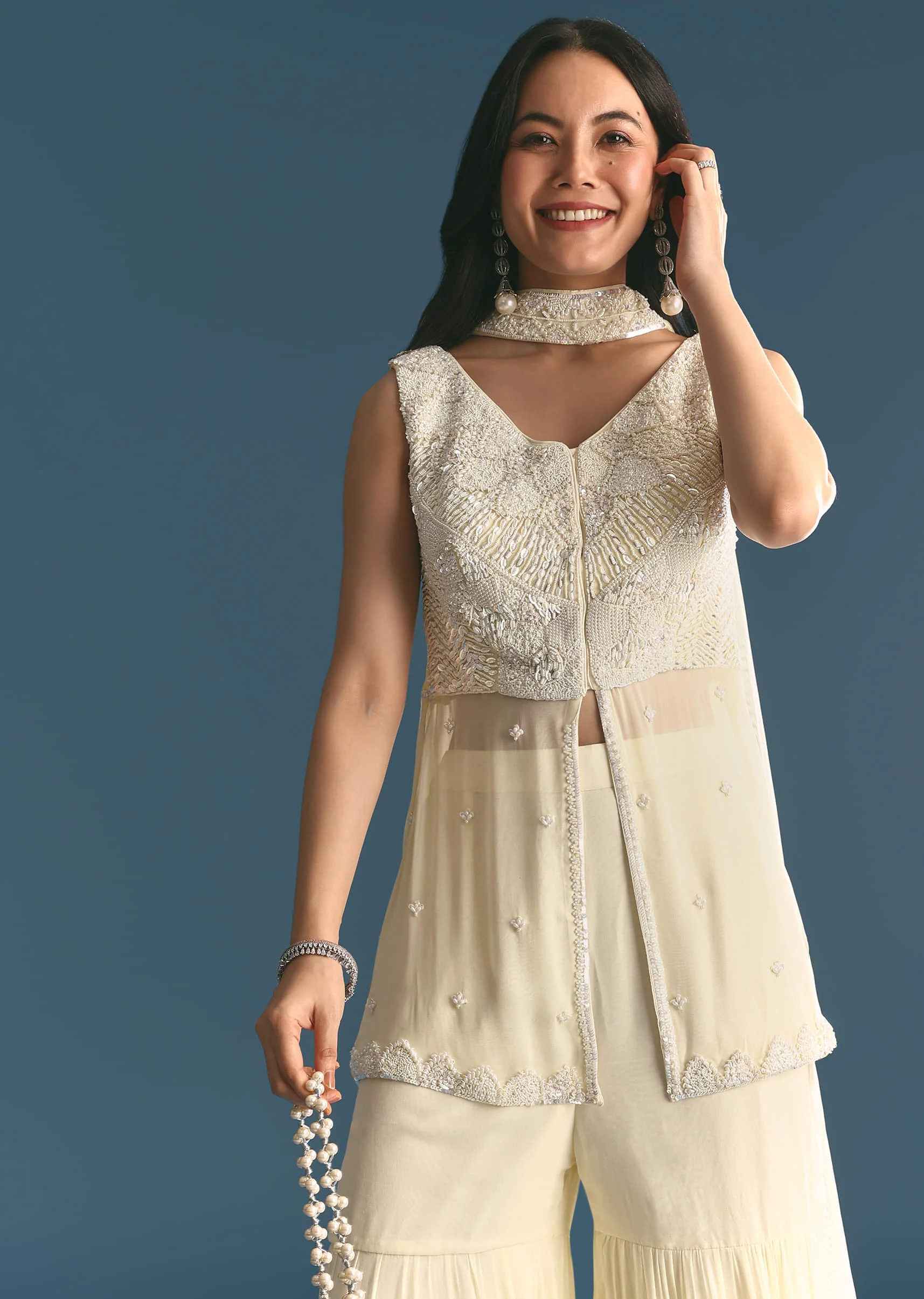White Georgette Peplum Kurta Sharara Set With Beads And Sequins - Image 4