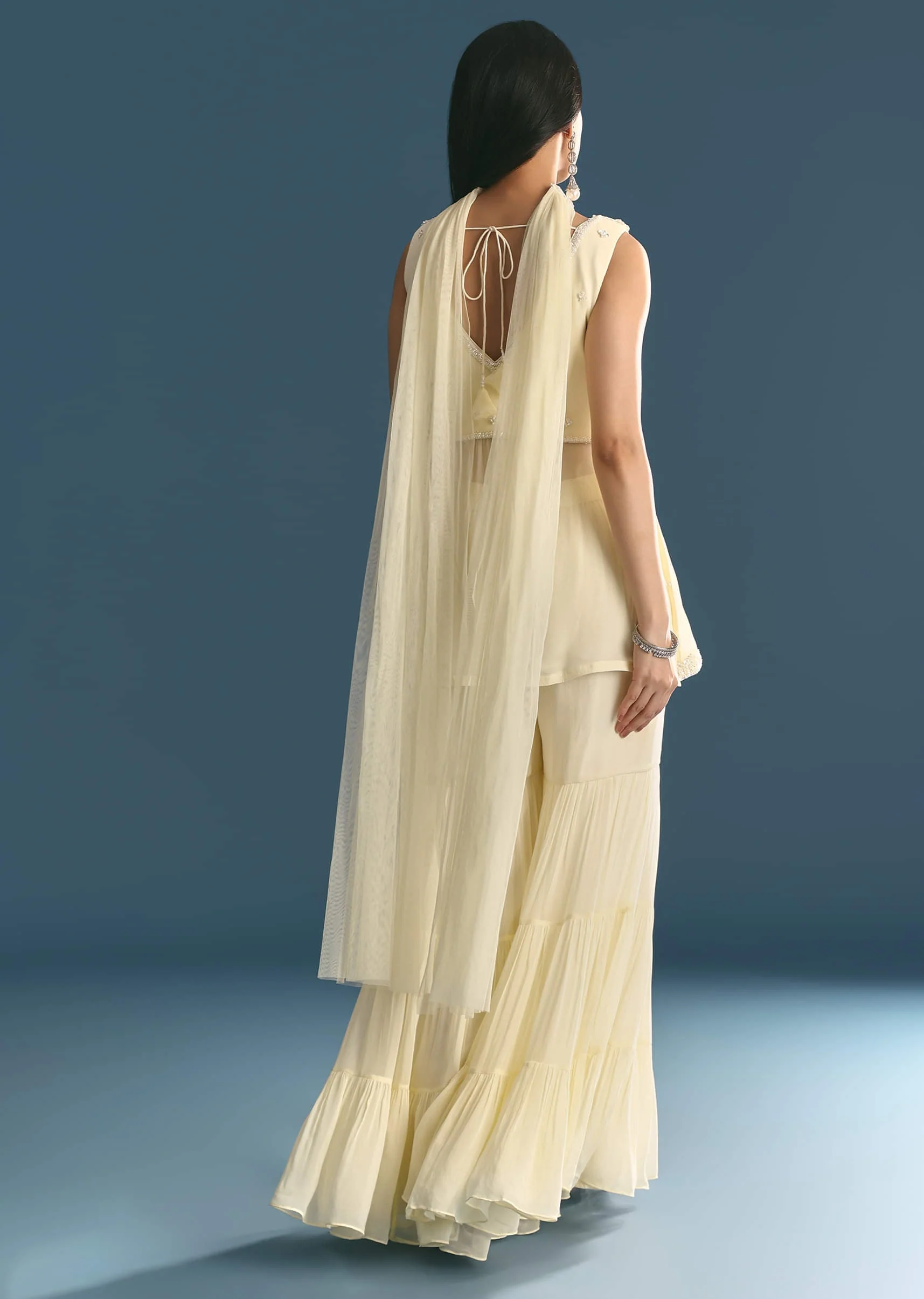 White Georgette Peplum Kurta Sharara Set With Beads And Sequins - Image 5