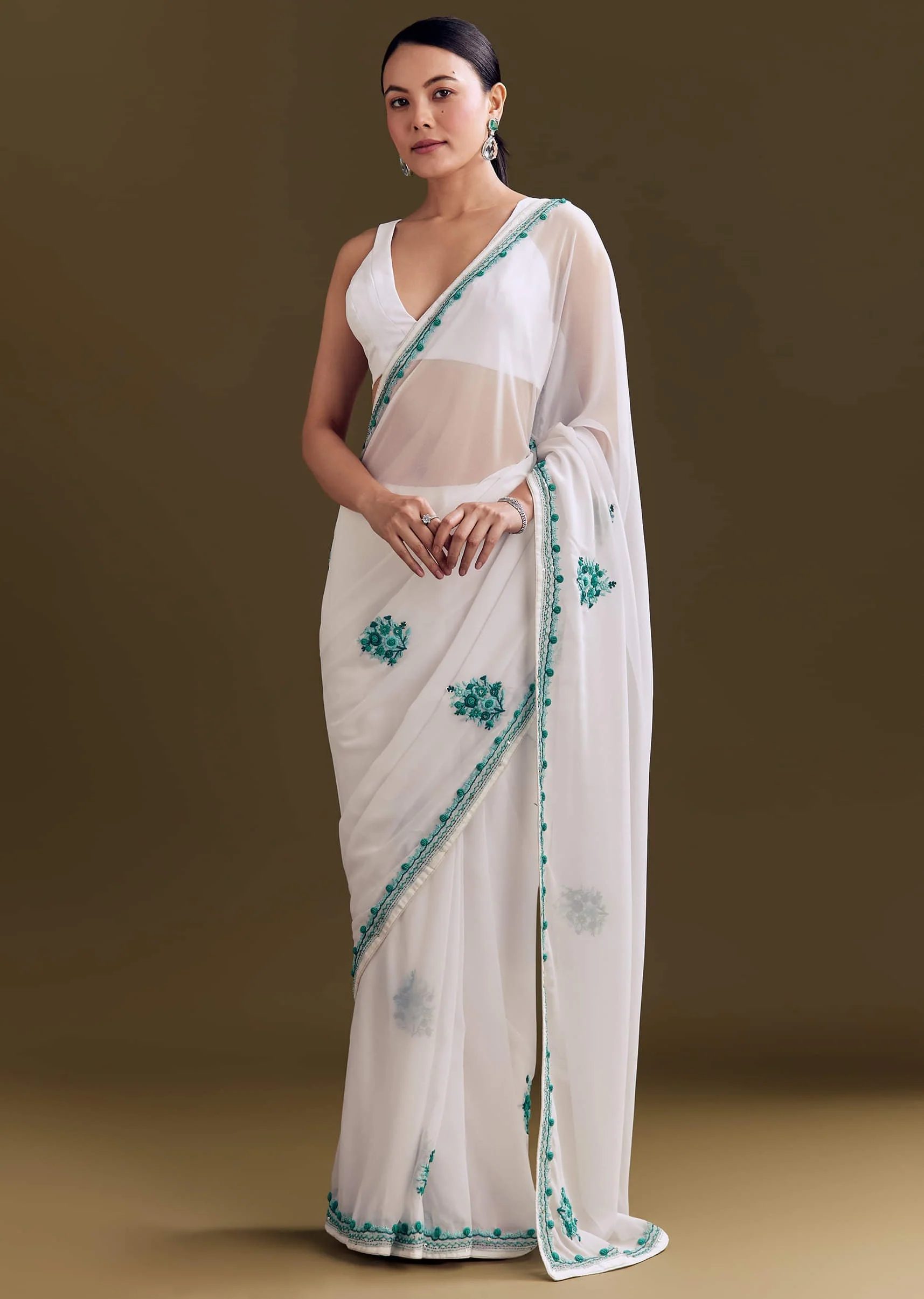 White Georgette Saree With Traditional Kashmiri Buds - Image 2