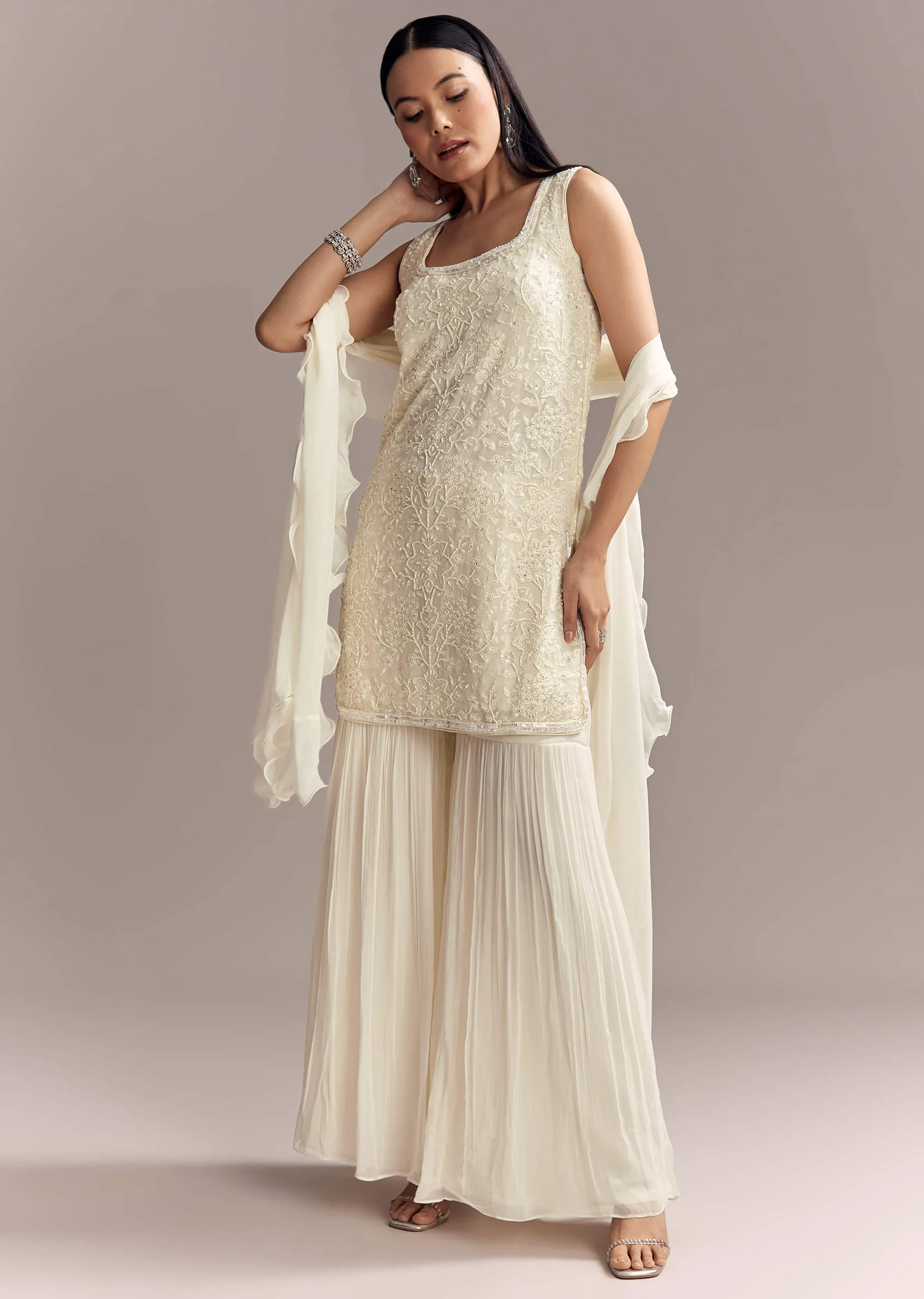 White Georgette Sharara Suit With Intricate Embroidery - Image 4