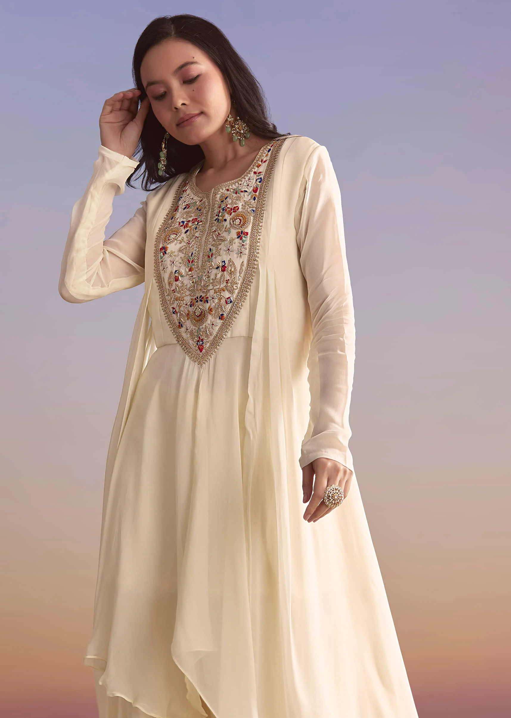 White Georgette Sharara Suit With Resham and Sequins Embroidery - Image 3