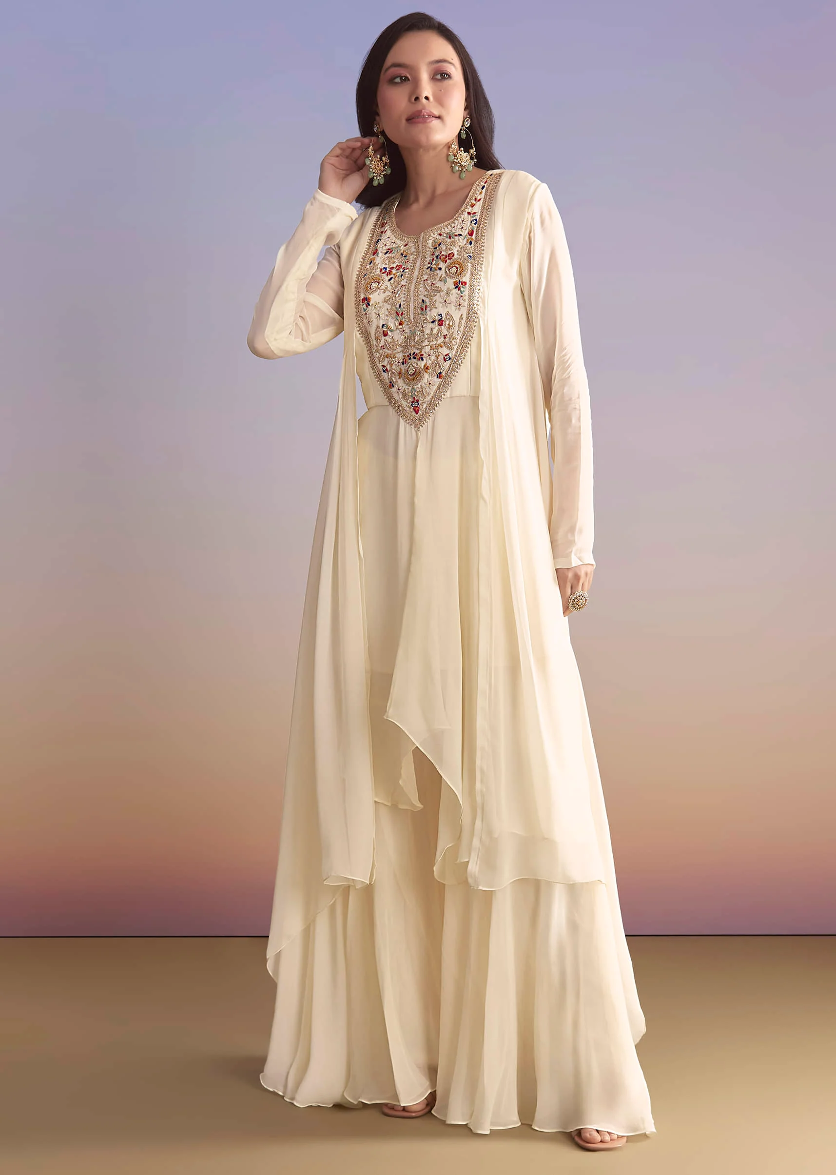 White Georgette Sharara Suit With Resham and Sequins Embroidery - Image 4