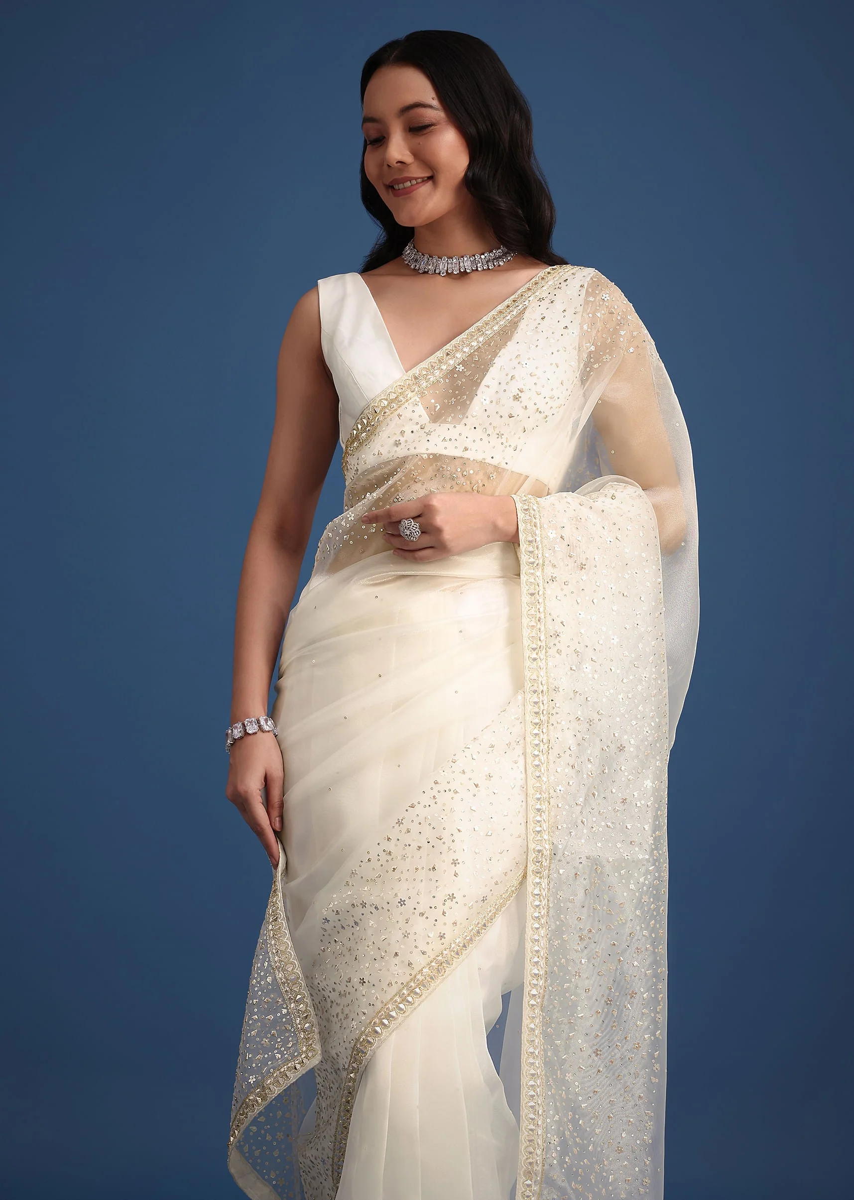 White Glass Tissue Saree With Sequin Embellishments - Image 2