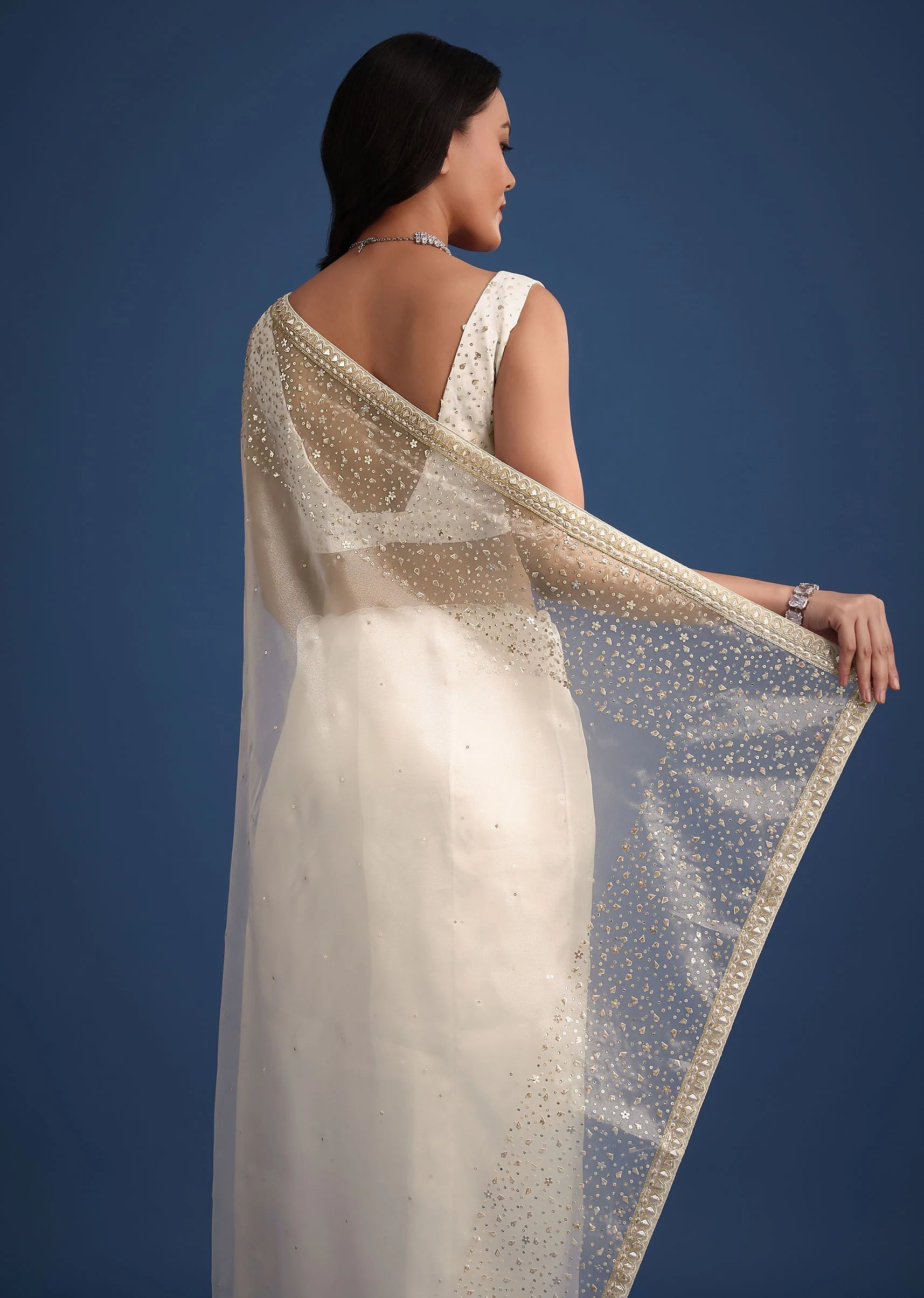 White Glass Tissue Saree With Sequin Embellishments - Image 6